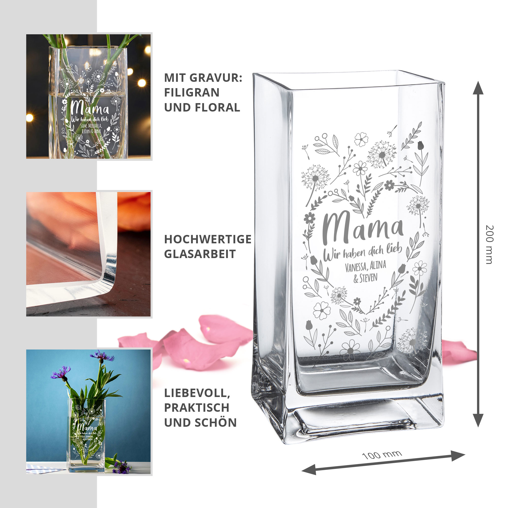 Vase mit Gravur - Blumenherz für Mama 4151 - 1