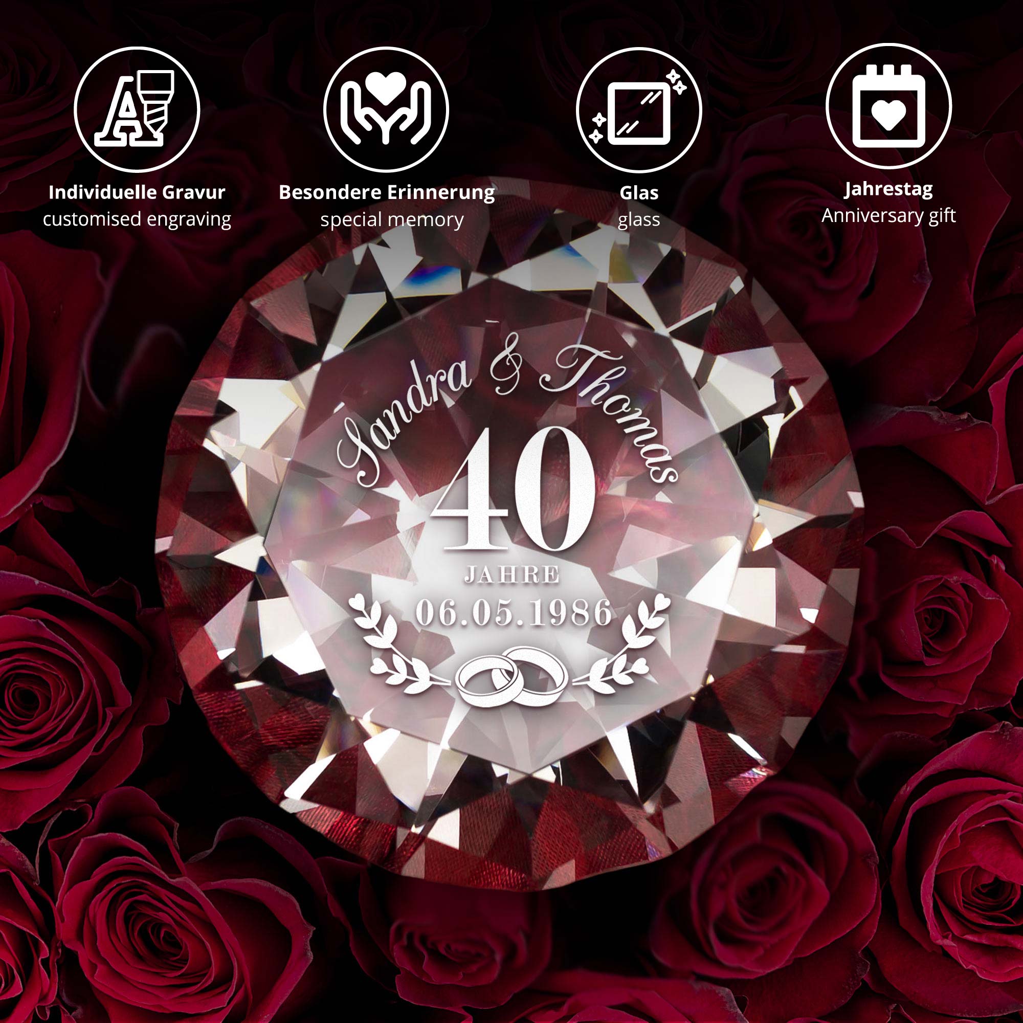 Diamant Kristall mit Gravur und Samtsäckchen - Rubinhochzeit