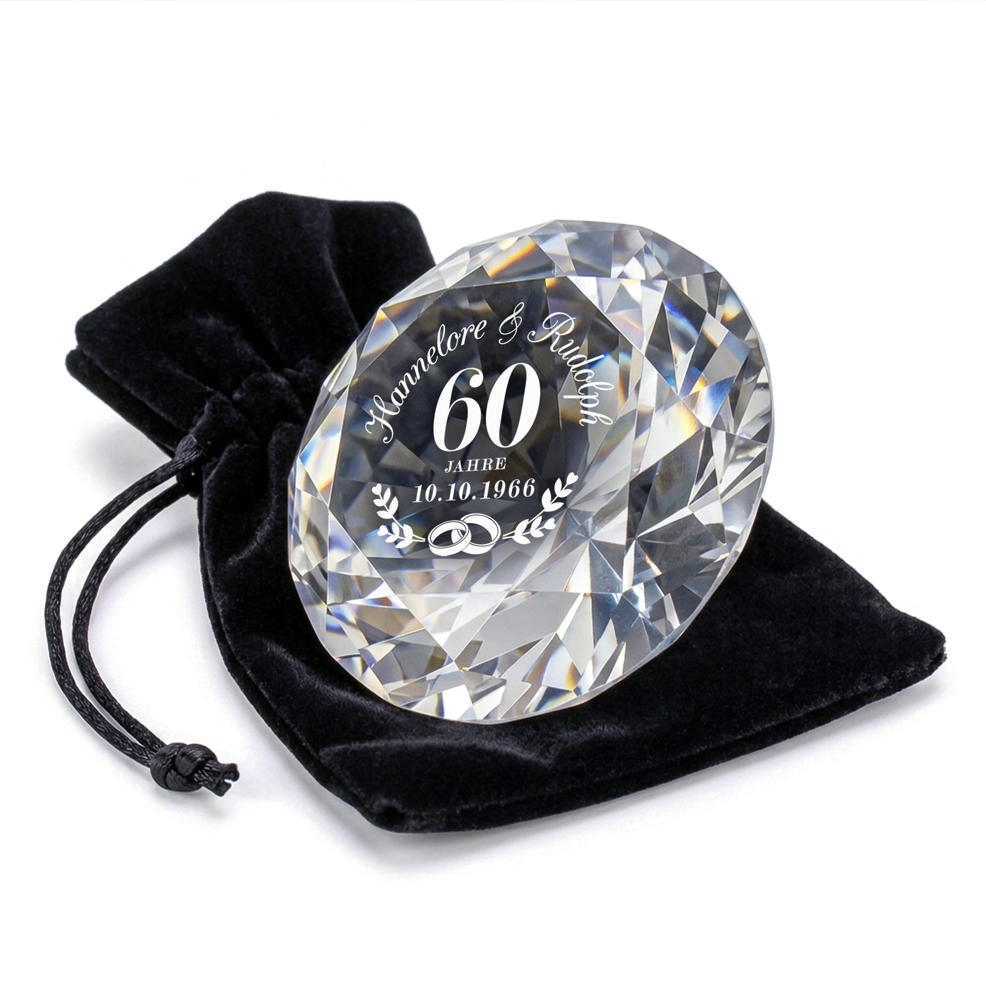 Diamant Kristall mit Gravur und Samtsäckchen - Diamanthochzeit Diamant Kristall mit Gravur und Samtsäckchen - Diamanthochzeit
