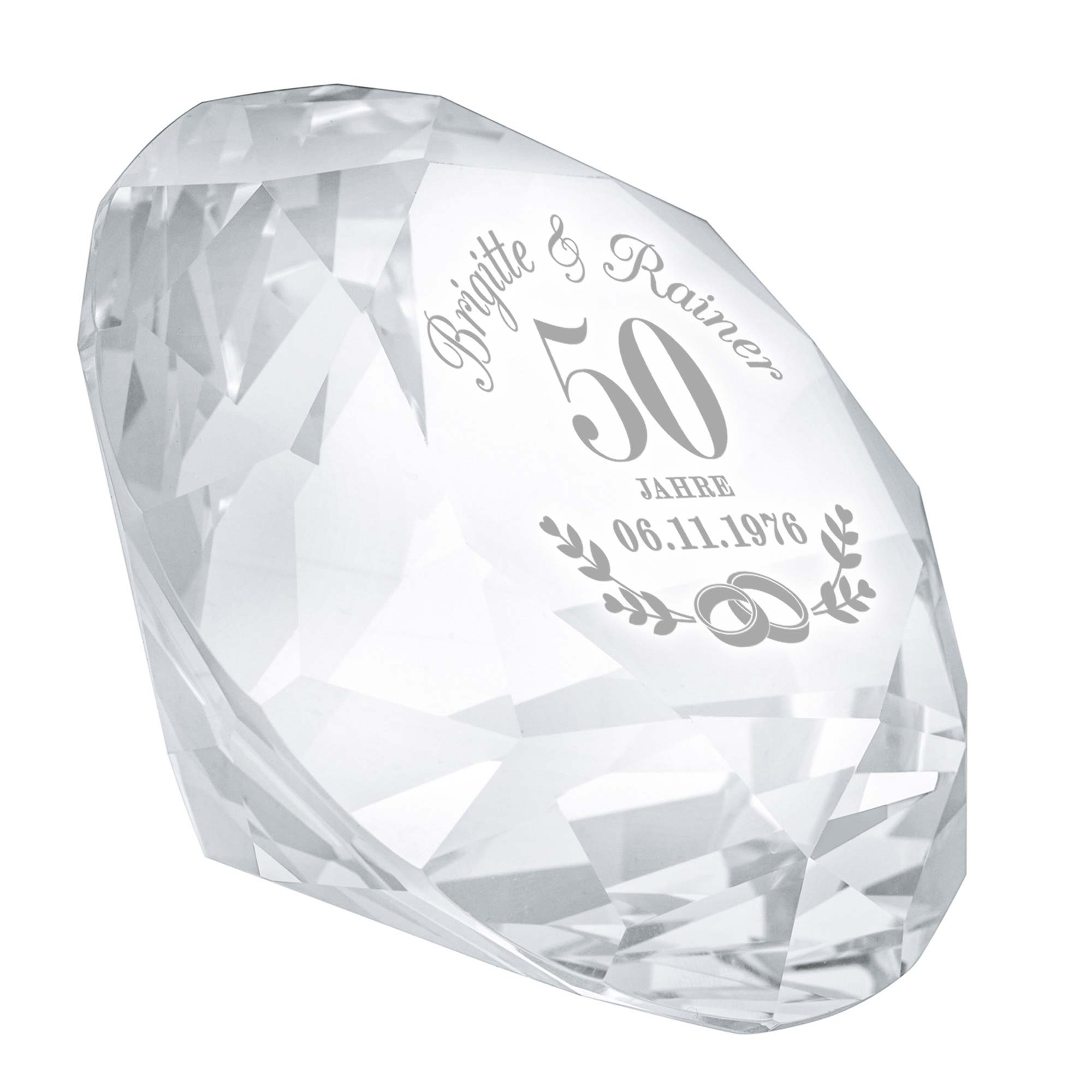Diamant Kristall mit Gravur zur Goldhochzeit und Ring Displayständer