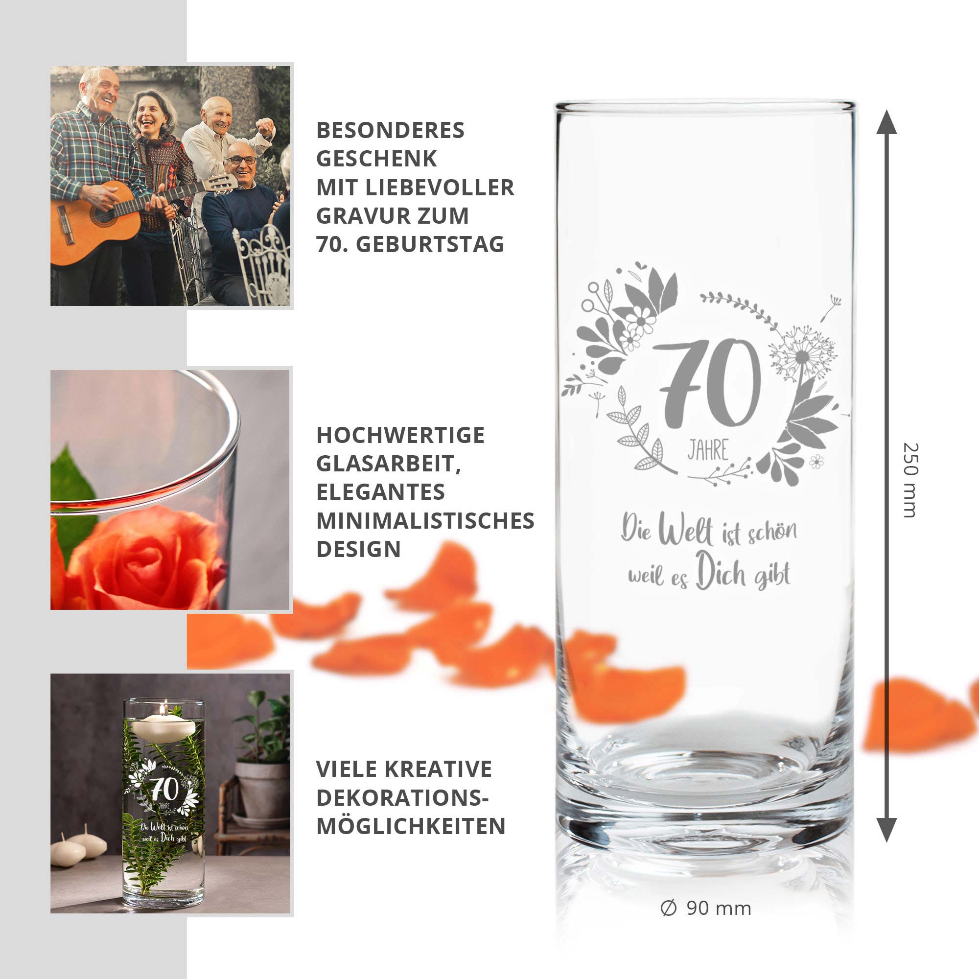 Runde Vase mit Gravur - 70. Geburtstag