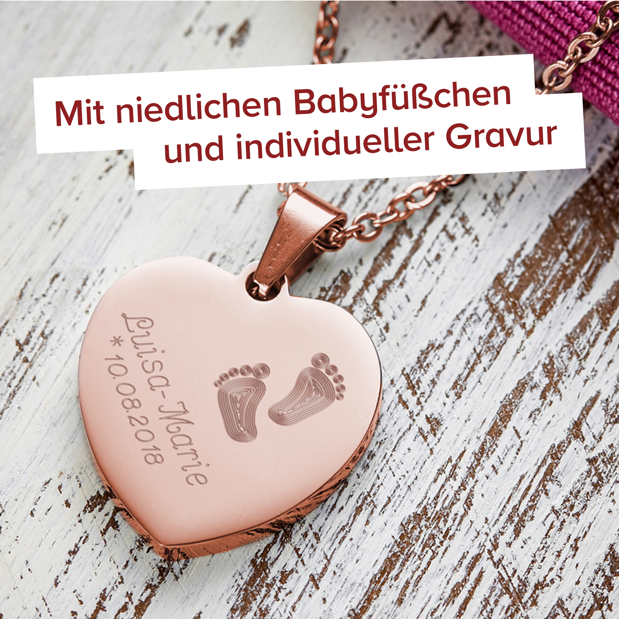 Herzanhänger Rosegold graviert mit Kette - Babyfüße 4082 - 6