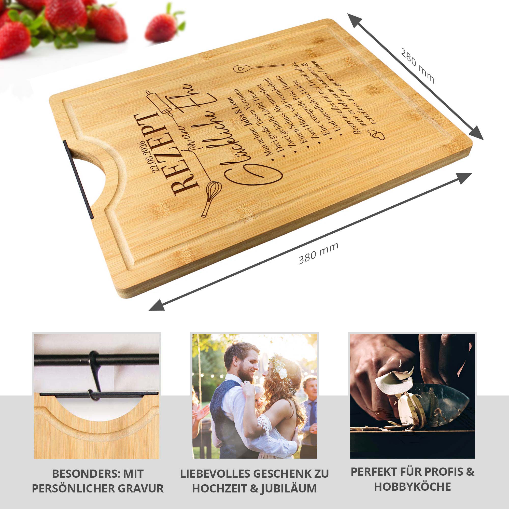Bambusholz Schneidebrett mit Gravur - Rezept glückliche Ehe Bambusholz Schneidebrett mit Gravur - Rezept glückliche Ehe