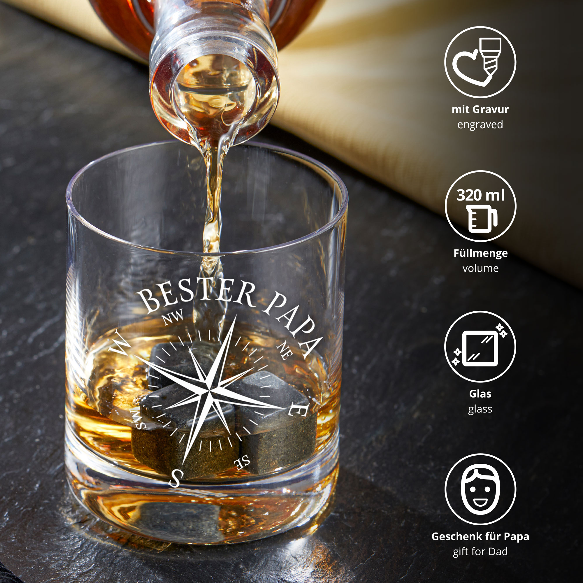 Whiskyglas mit Kompass Gravur - Bester Papa 0006-0003-DE-0003 - 3