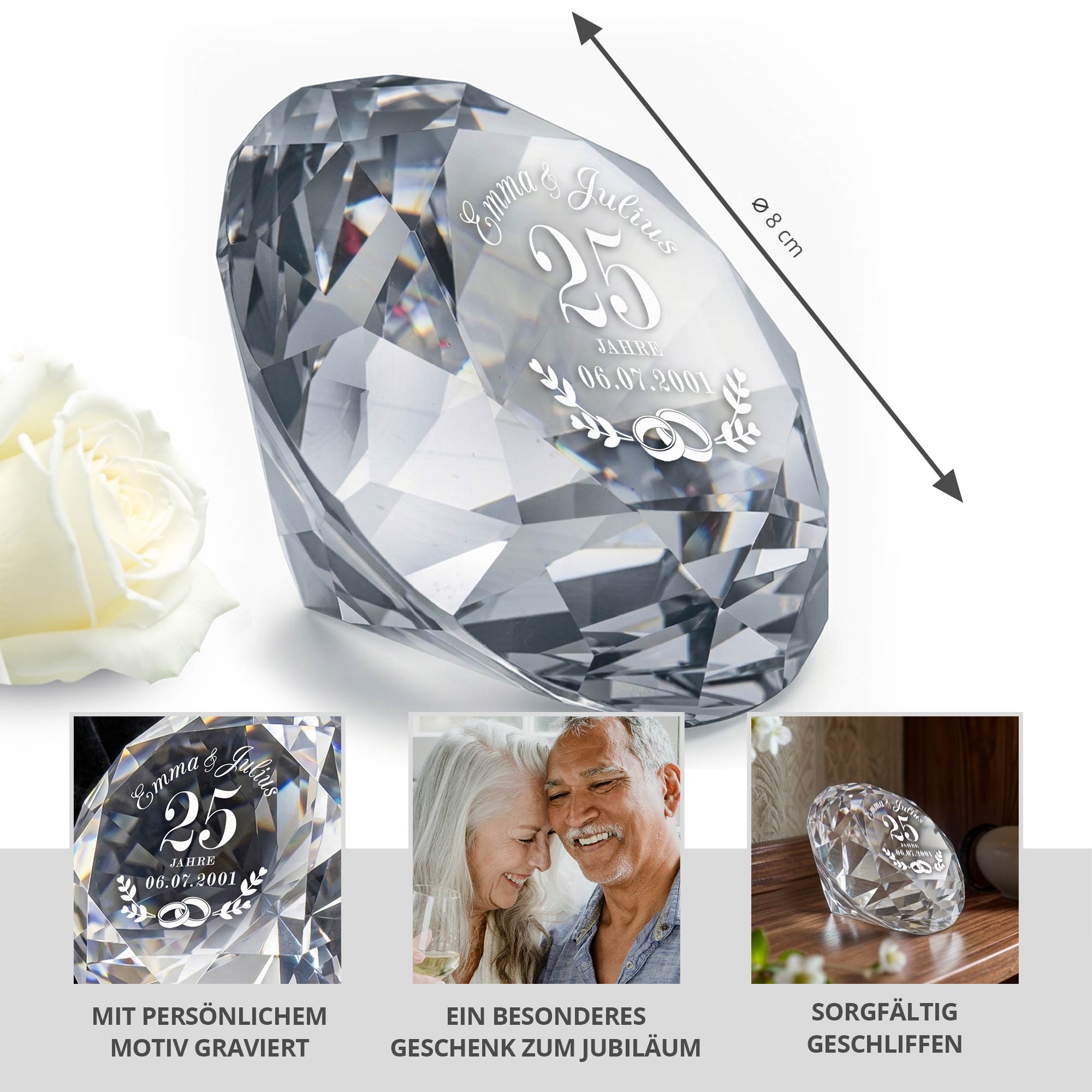Diamant Kristall mit Gravur und Samtsäckchen - Silberhochzeit