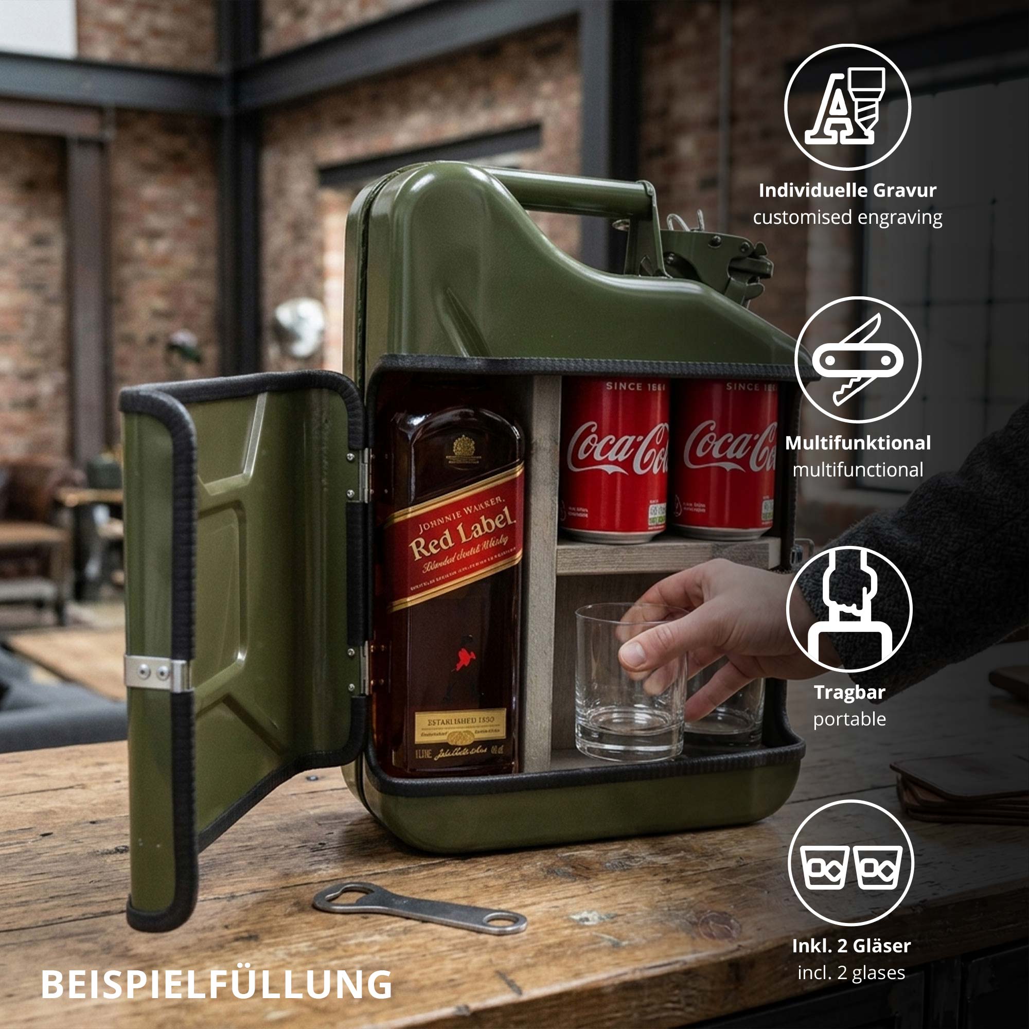 Personalisierte 10l Kanisterbar - grüne Mini Bar mit Barschrank 3-teilig
