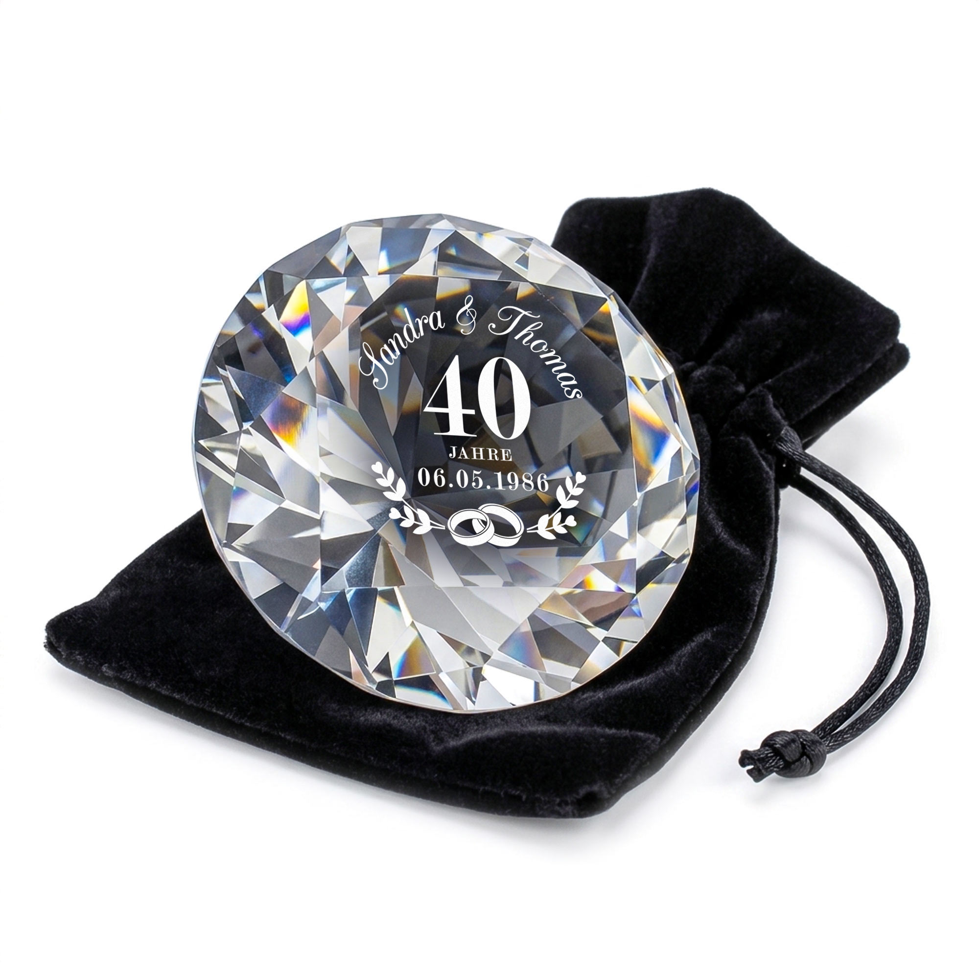Diamant Kristall mit Gravur und Samtsäckchen - Rubinhochzeit