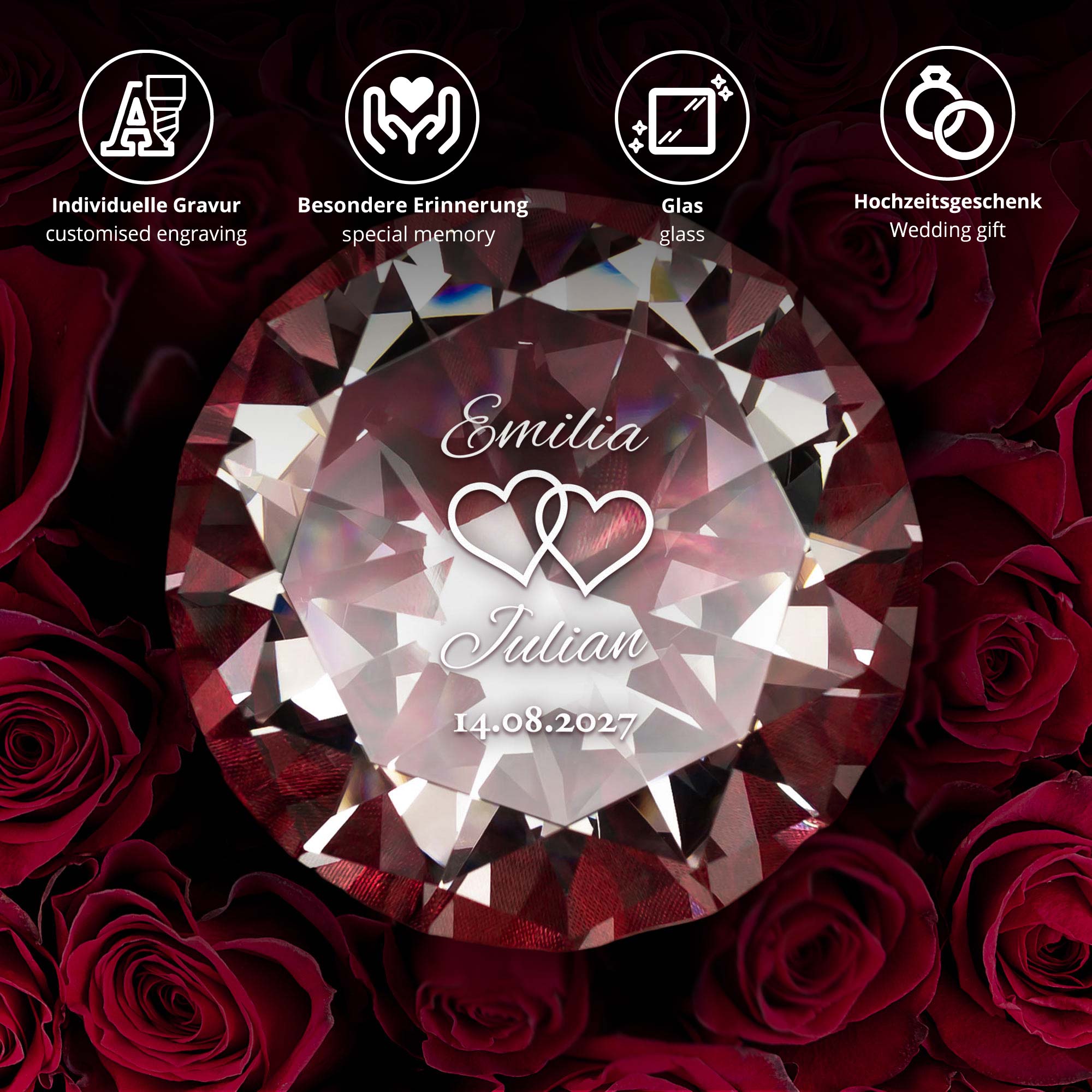 Diamant Kristall mit Gravur zur Hochzeit mit Samtsäckchen Diamant Kristall mit Gravur zur Hochzeit mit Samtsäckchen