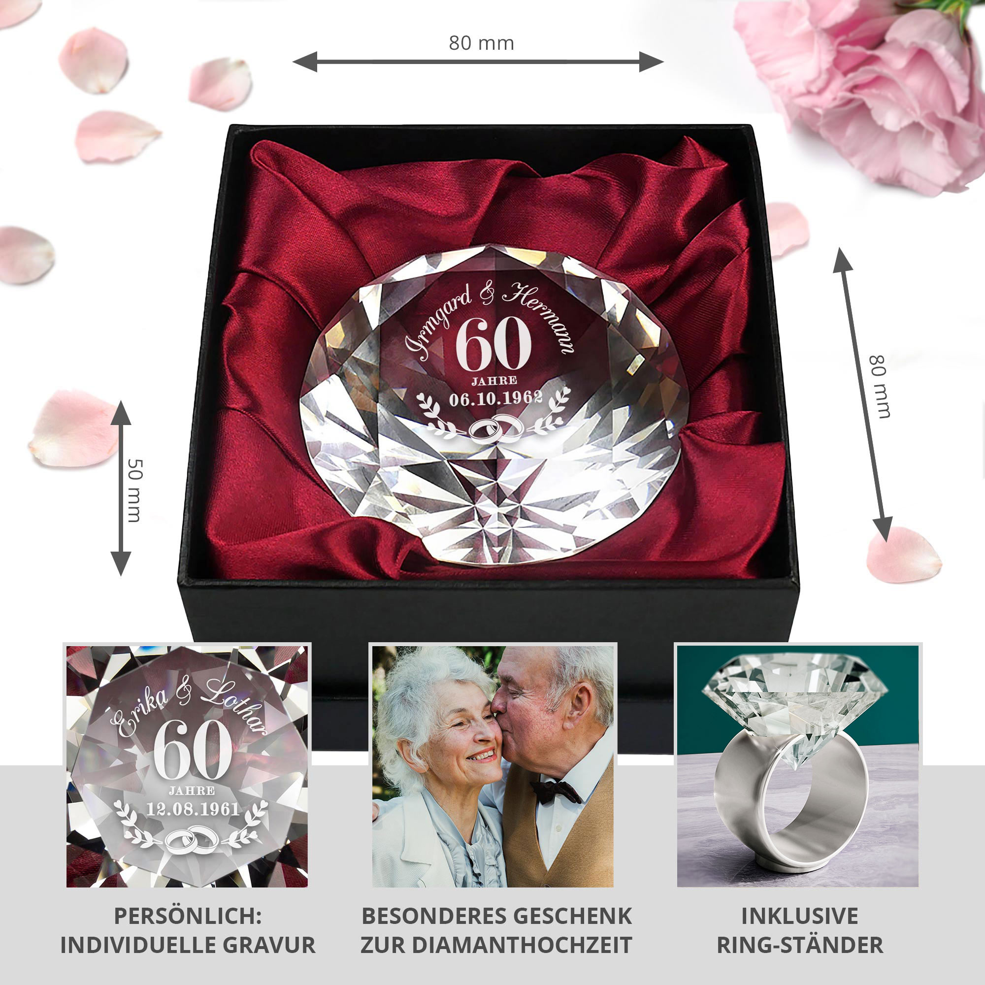 Diamant Kristall mit Gravur zur Diamant Hochzeit und Ring Displayständer Silber