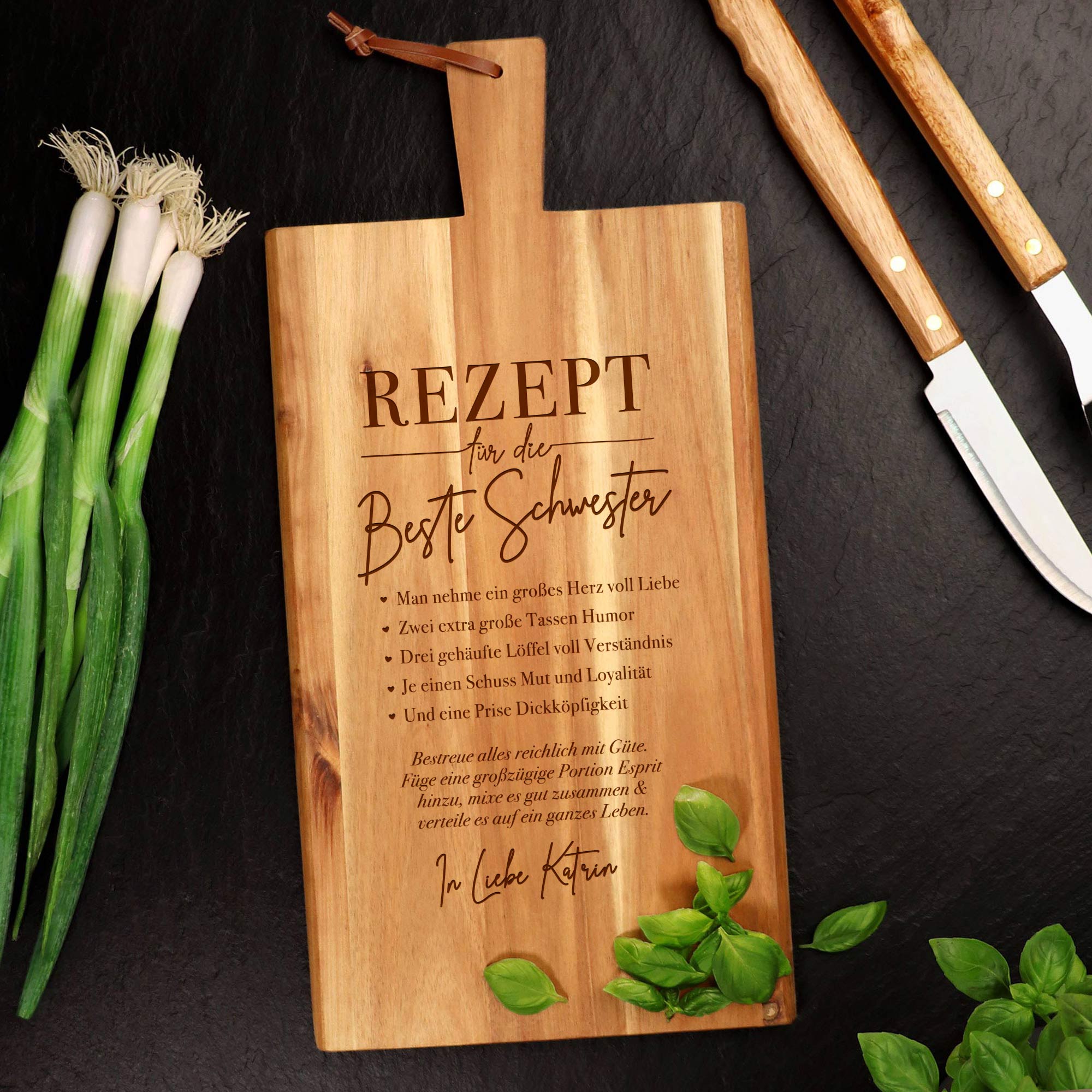 Schneidebrett mit Griff - Rezept Schwester - Personalisiert