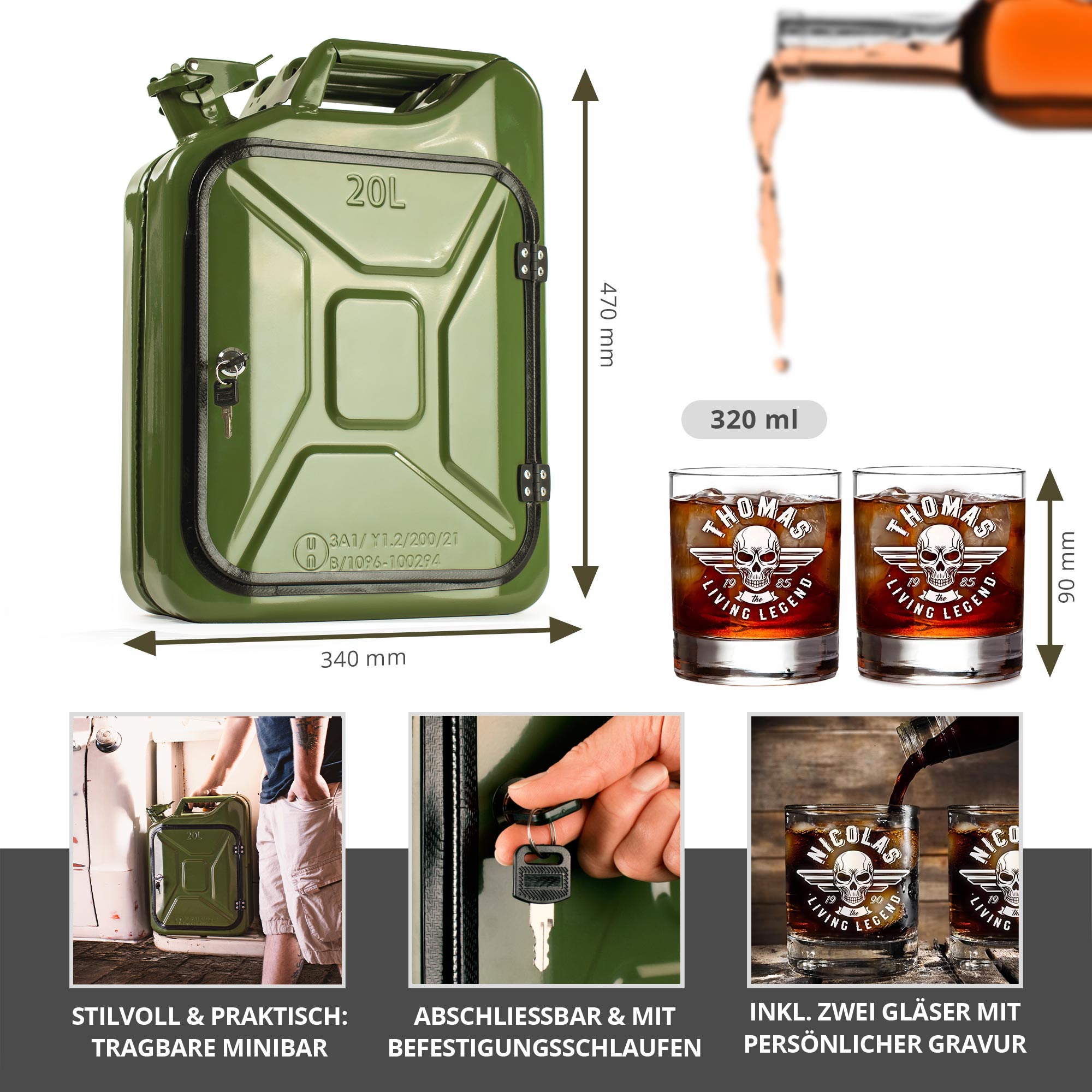 Grüne Kanisterbar mit 2 Whiskygläsern mit Gravur - Totenkopf