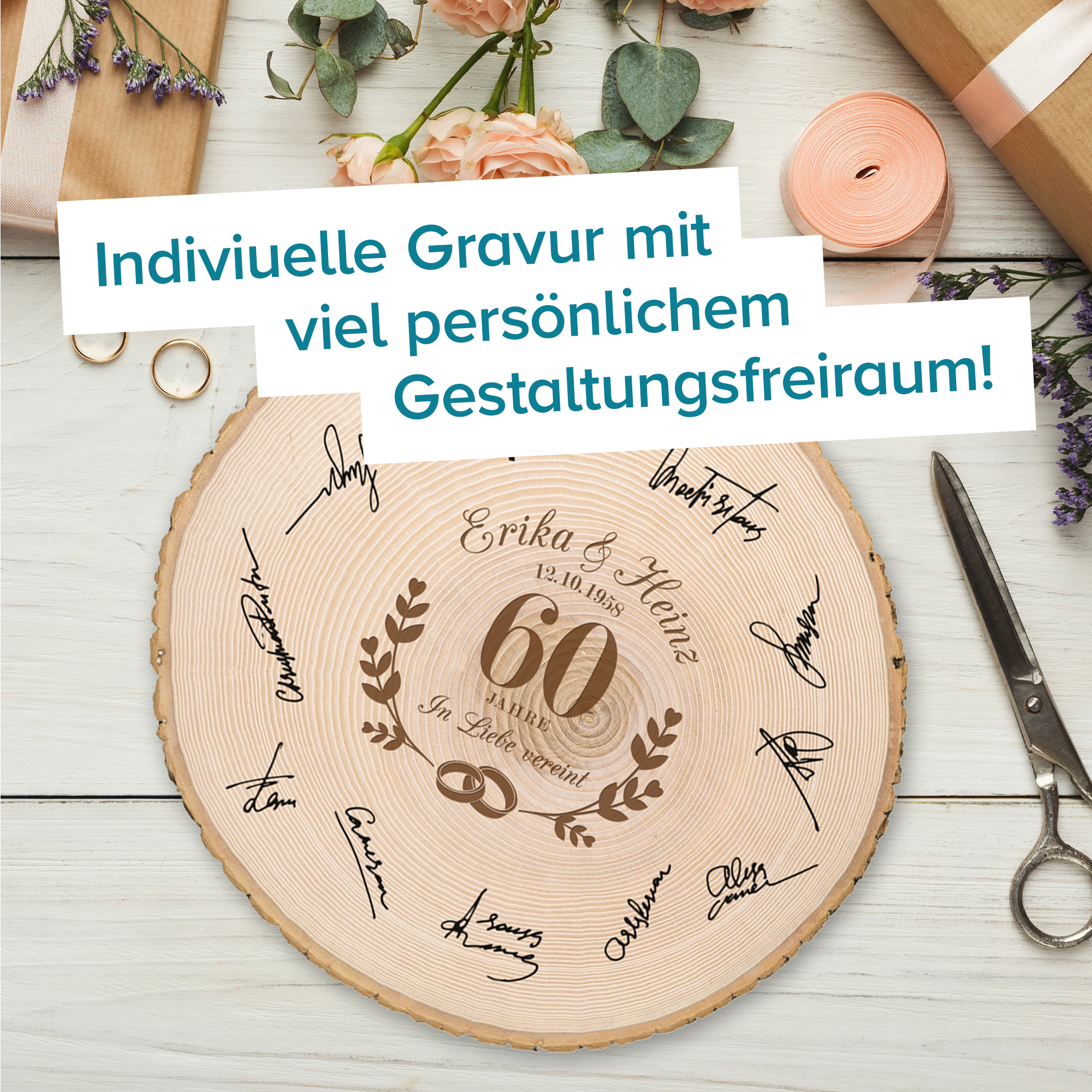 XXL Baumscheibe mit Gravur zur diamantenen Hochzeit