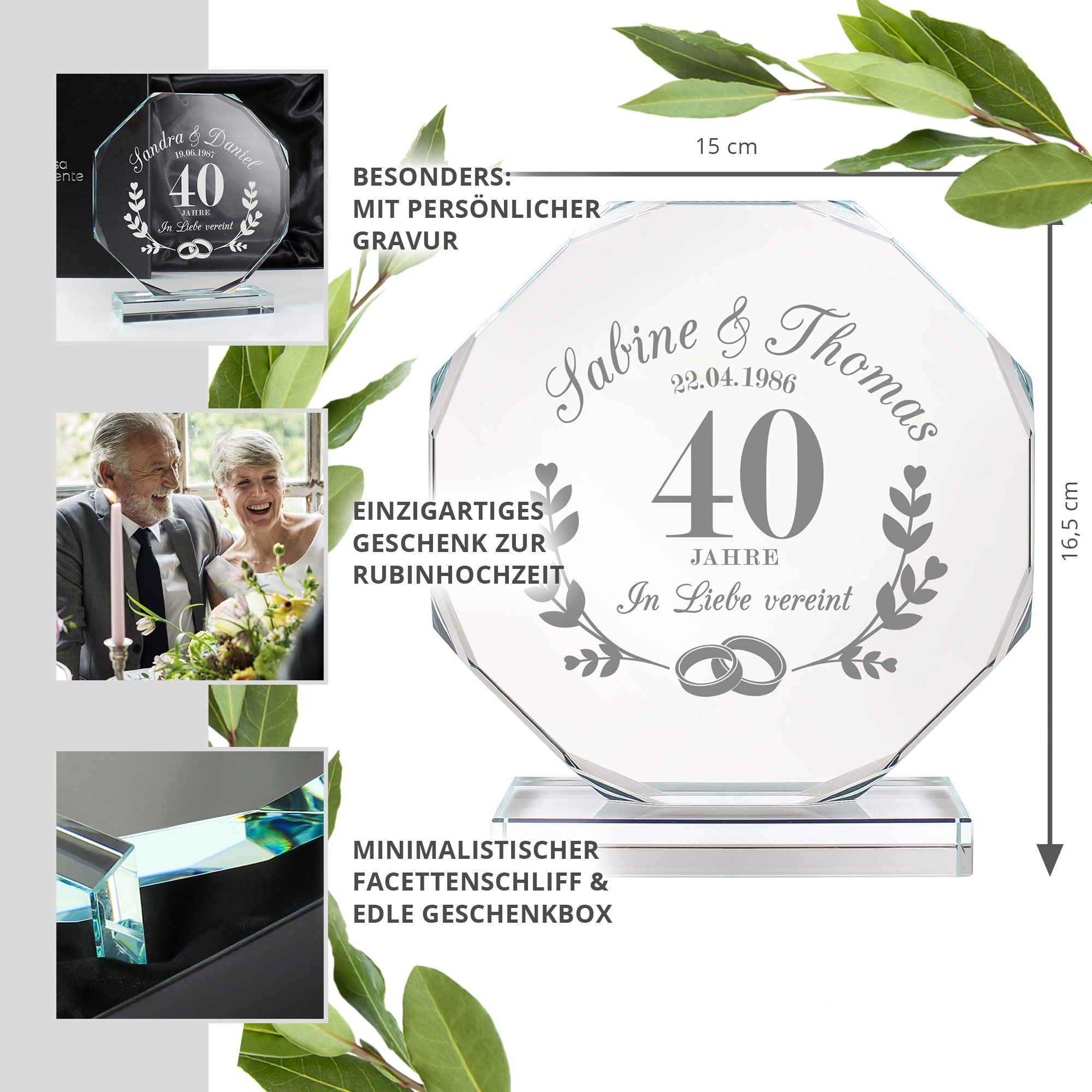 Personalisierter Glaspokal mit Facettenschliff zur Rubinhochzeit - 40 Jahre