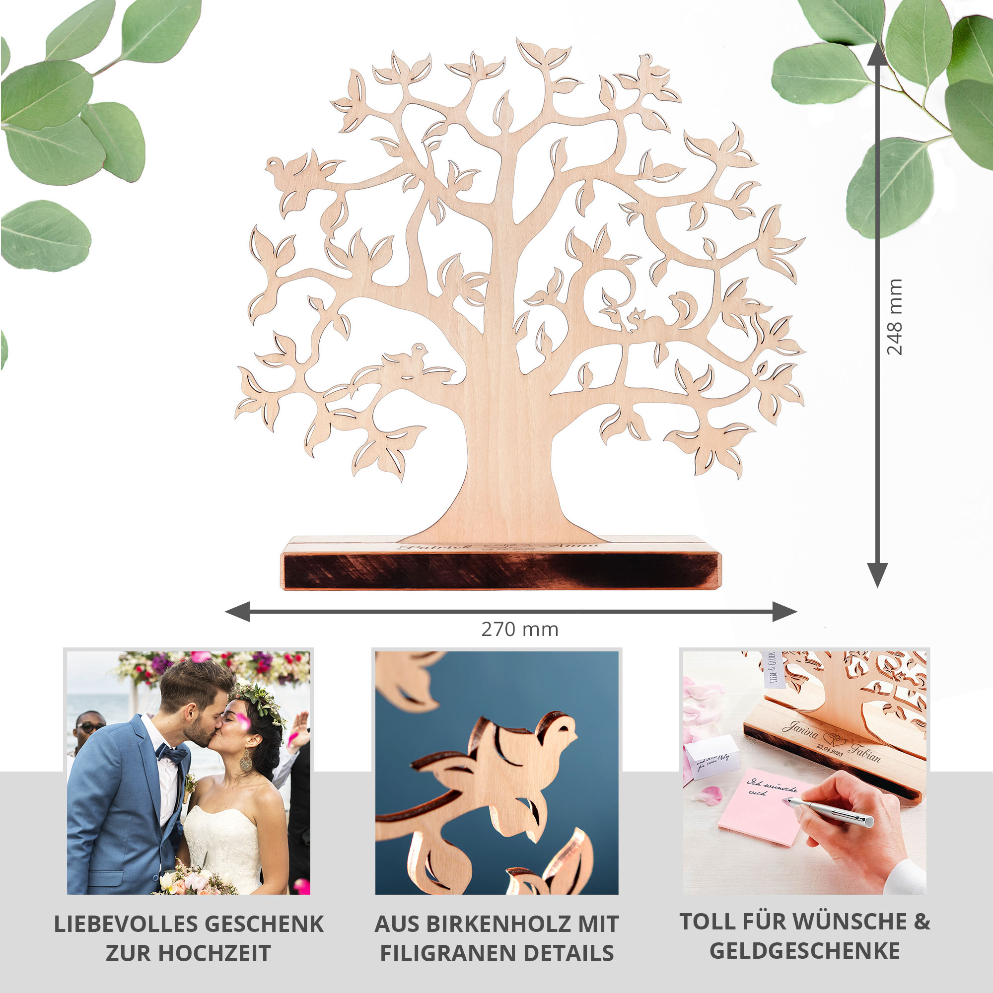 Geldbaum - Klein - Sockel ohne Rinde - Hochzeit - Herzen - Personalisiert