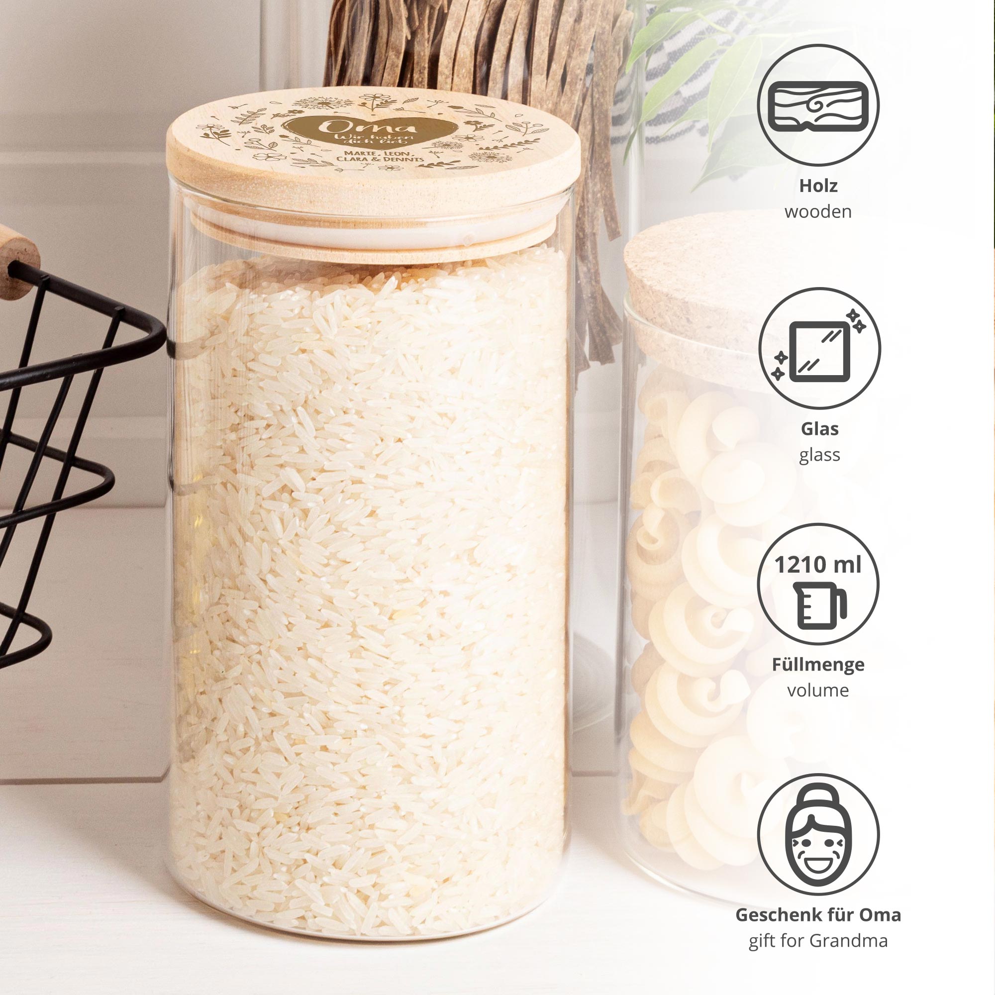 Vorratsglas mit Gravur - Blumenherz für Oma Vorratsglas mit Gravur - Blumenherz für Oma