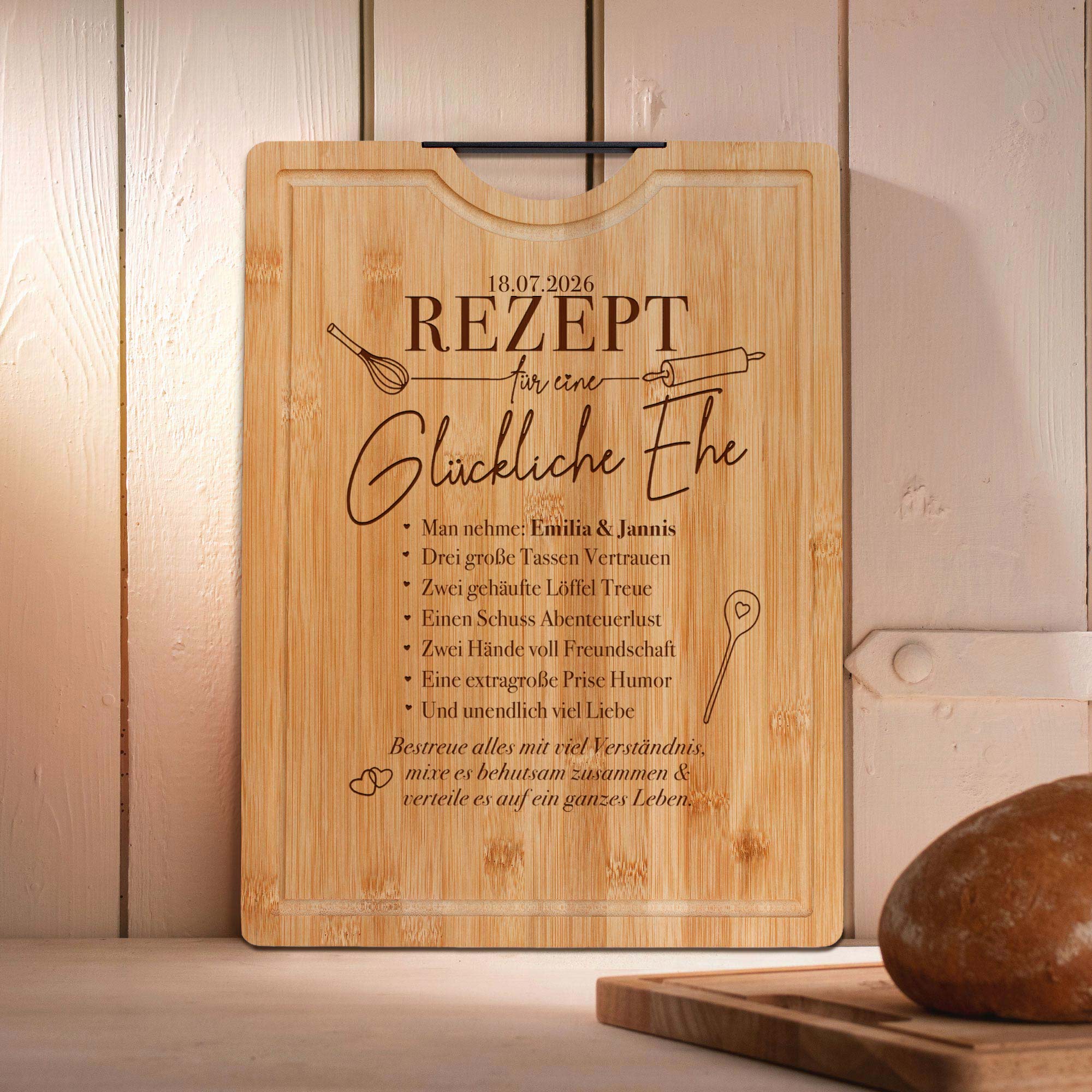 Bambusholz Schneidebrett mit Gravur - Rezept glückliche Ehe Bambusholz Schneidebrett mit Gravur - Rezept glückliche Ehe
