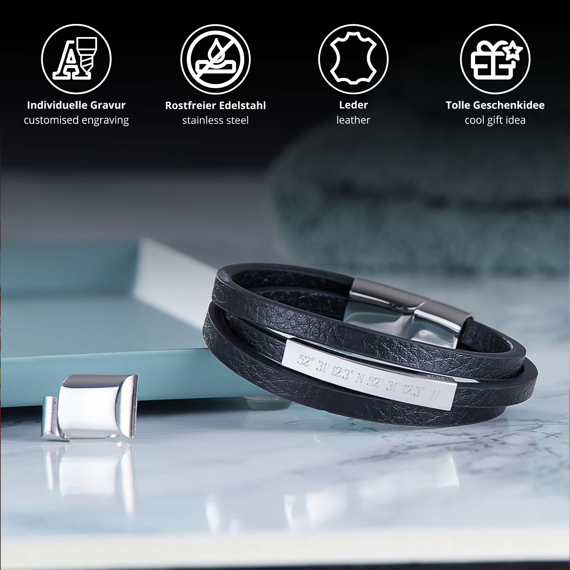 Gewickeltes Lederarmband schwarz - Geokoordinaten Gewickeltes Lederarmband schwarz - Geokoordinaten