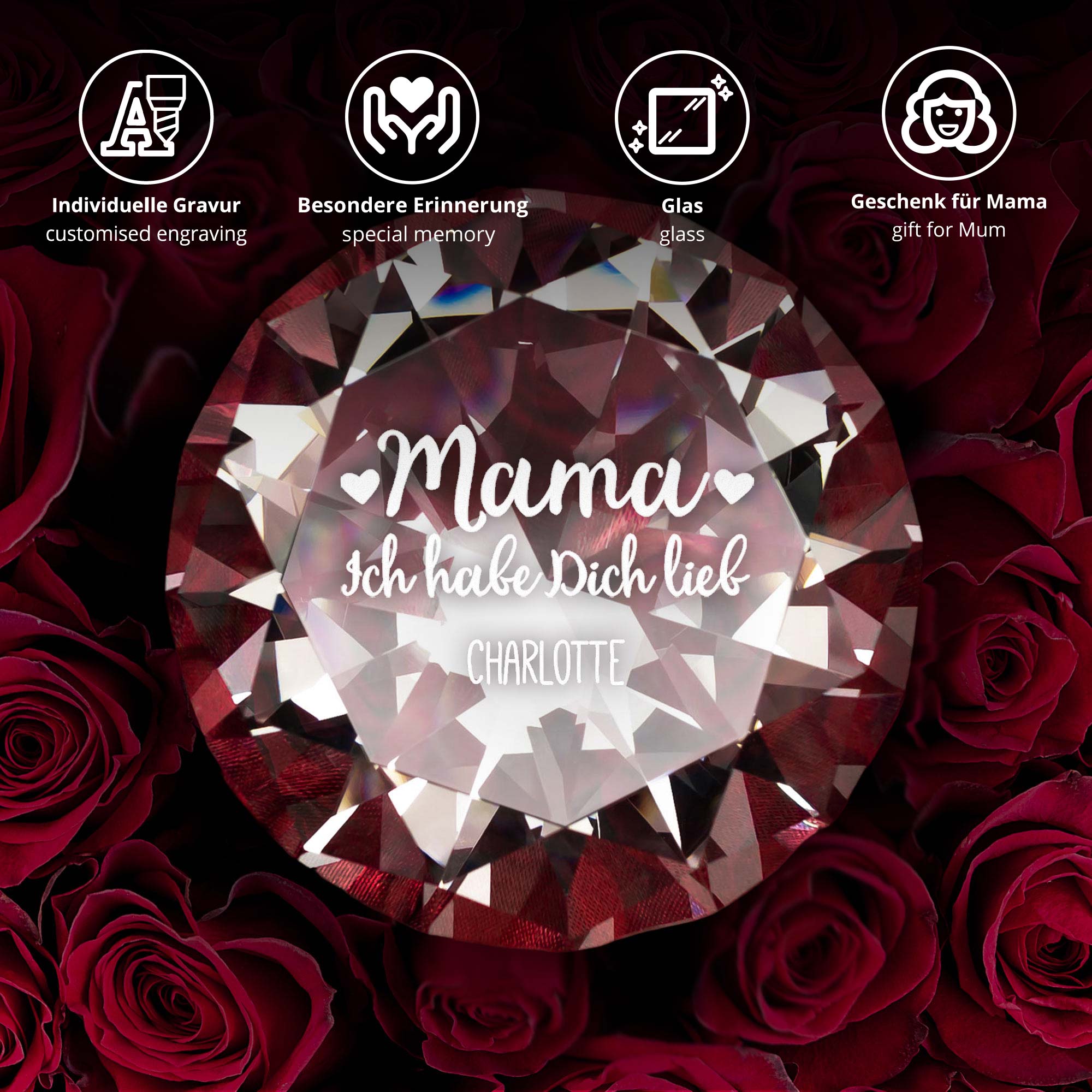 Diamant Kristall mit Gravur und Samtsäckchen - Mama wir haben dich lieb Diamant Kristall mit Gravur und Samtsäckchen - Mama wir haben dich lieb