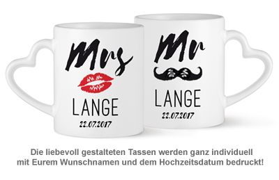 Personalisiertes Herz Henkeltasse Set - Mr and Mrs 3129 - 1