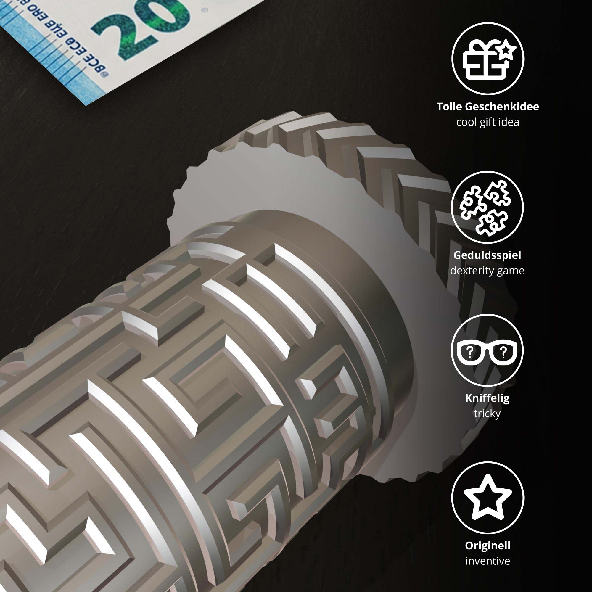 Labyrinthbox Röhre – Kniffelige Geschenkverpackung für Geld & Gutscheine - Silber