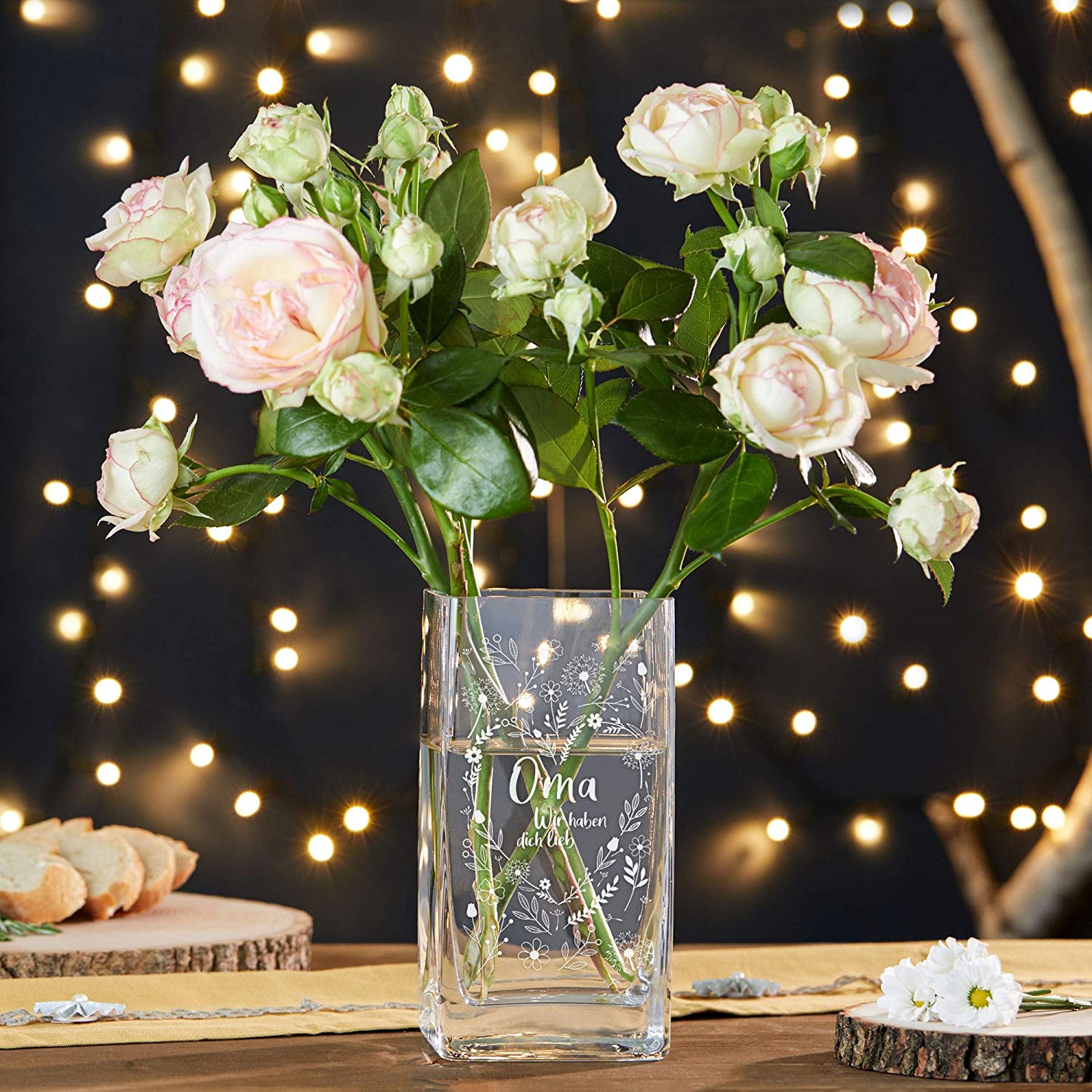 Eckige Vase - Blumenherz für Oma