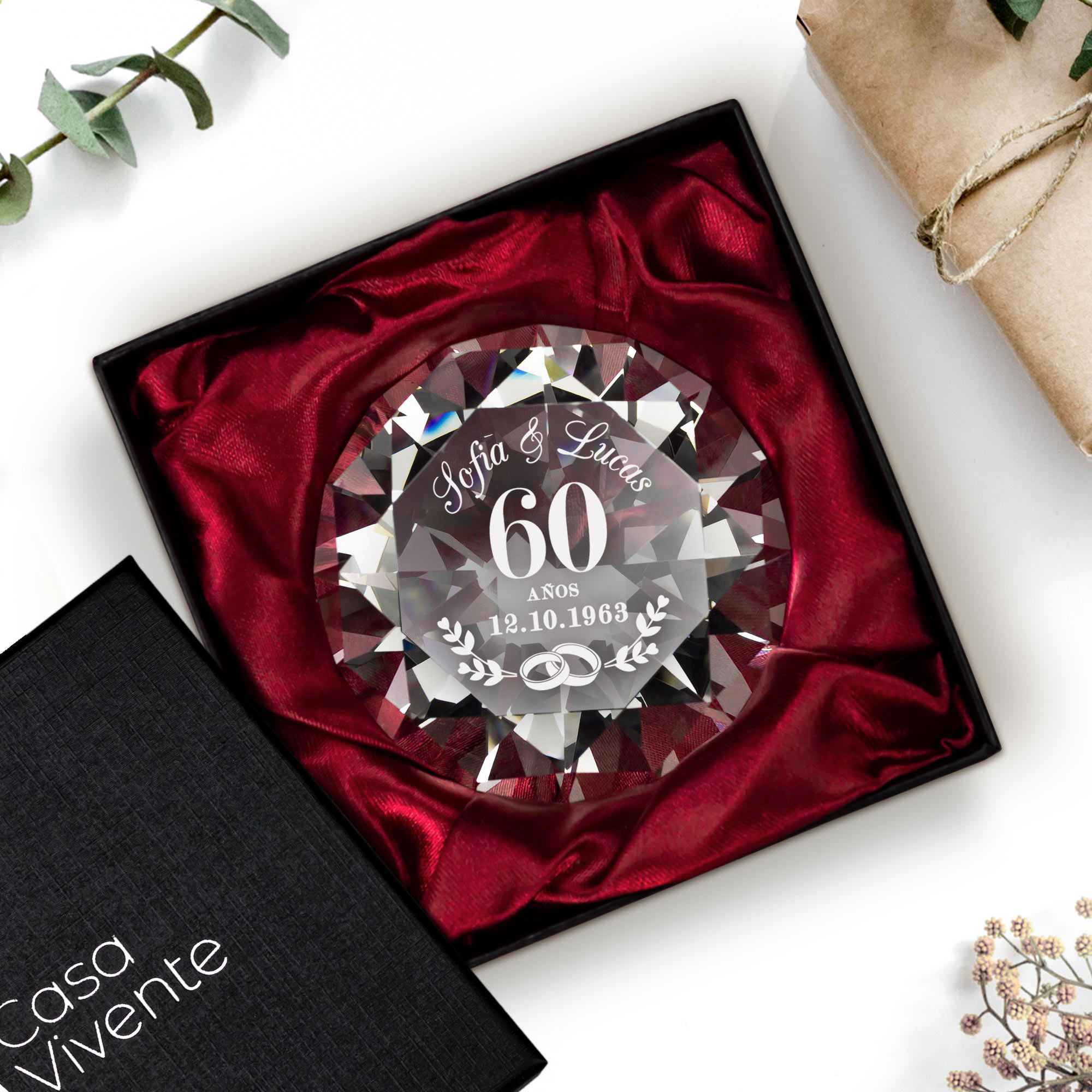 Diamant Kristall mit Gravur zur Diamant Hochzeit und Ring Displayständer Silber