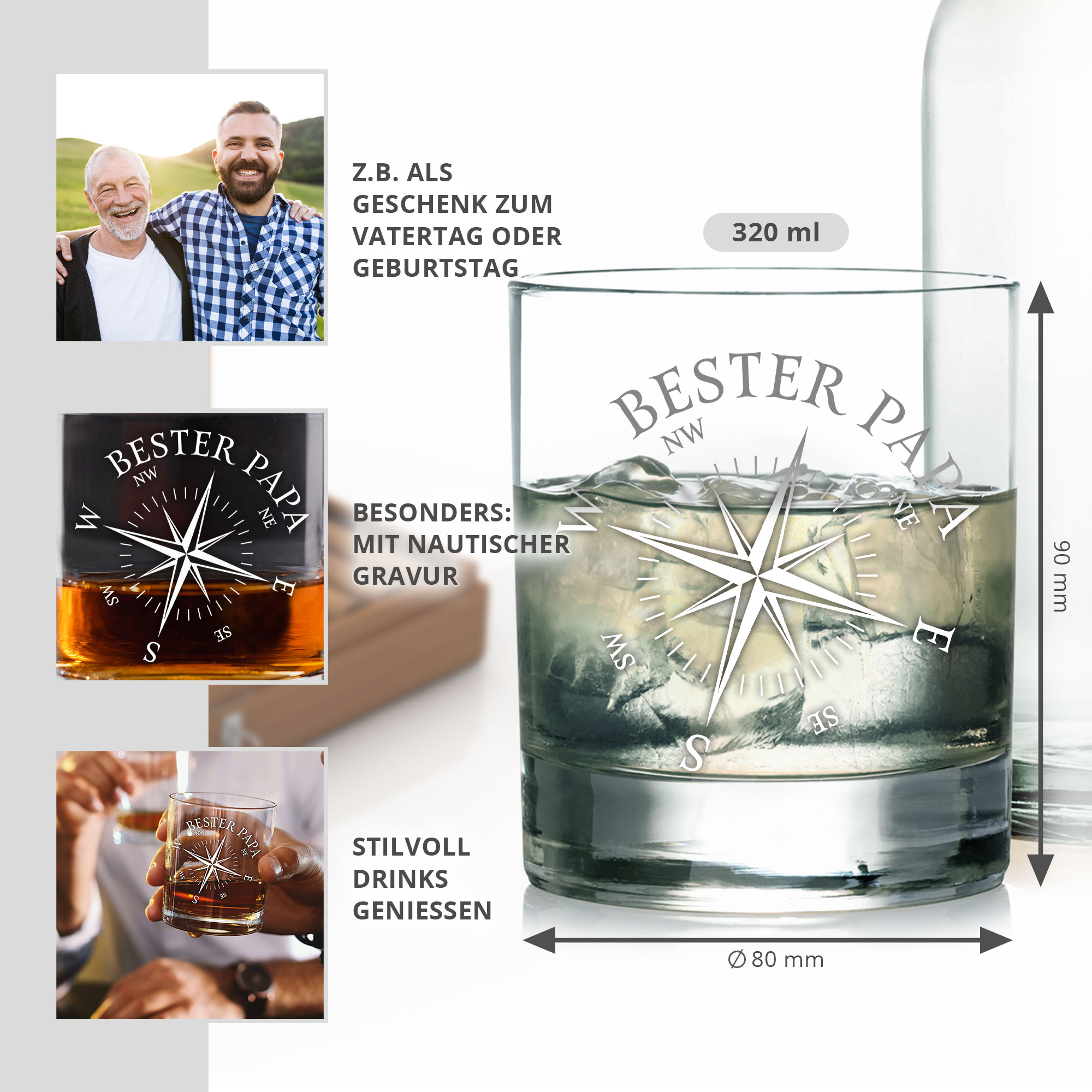 Whiskyglas mit Kompass Gravur - Bester Papa 0006-0003-DE-0003 - 1
