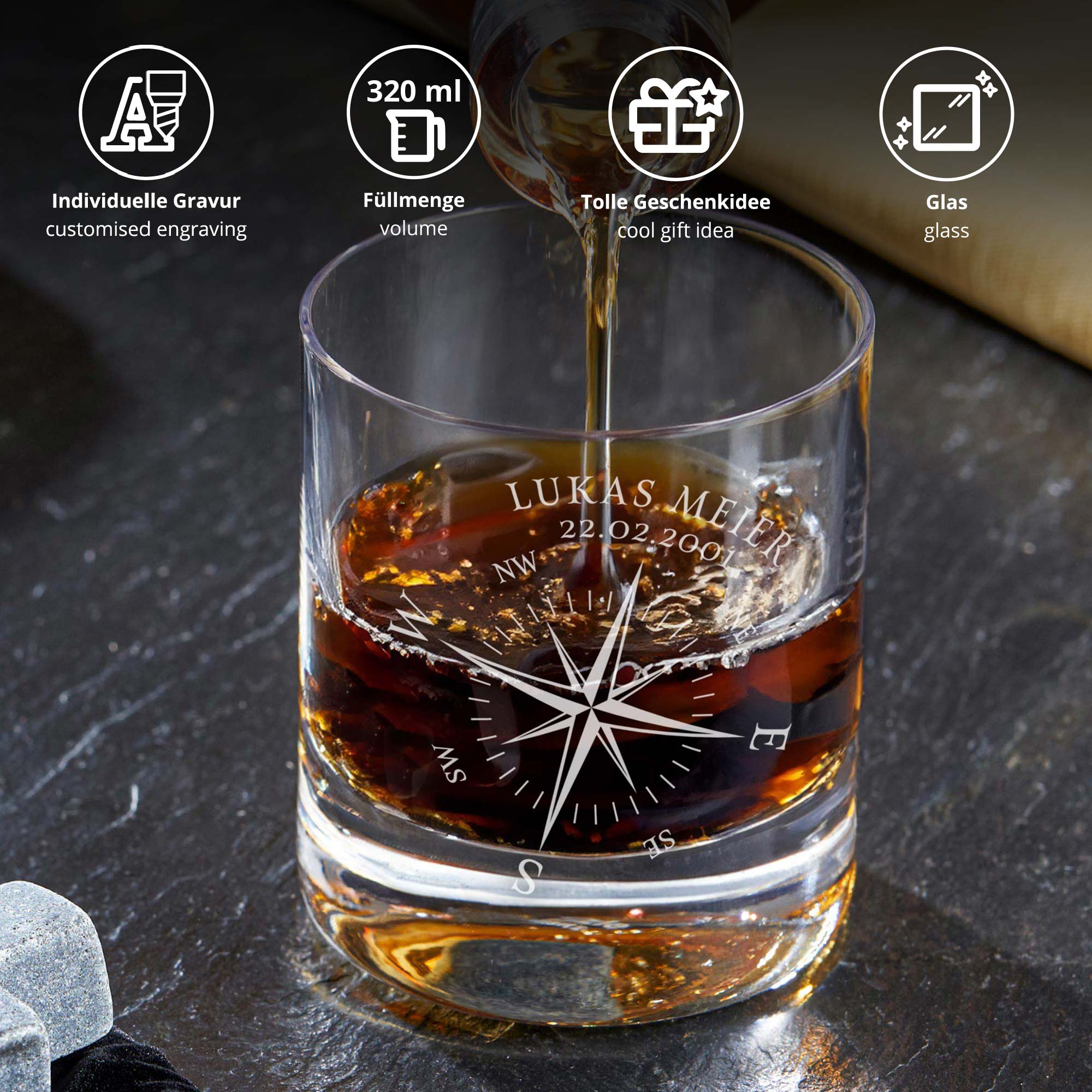 Personalisiertes Whiskyglas - Kompass