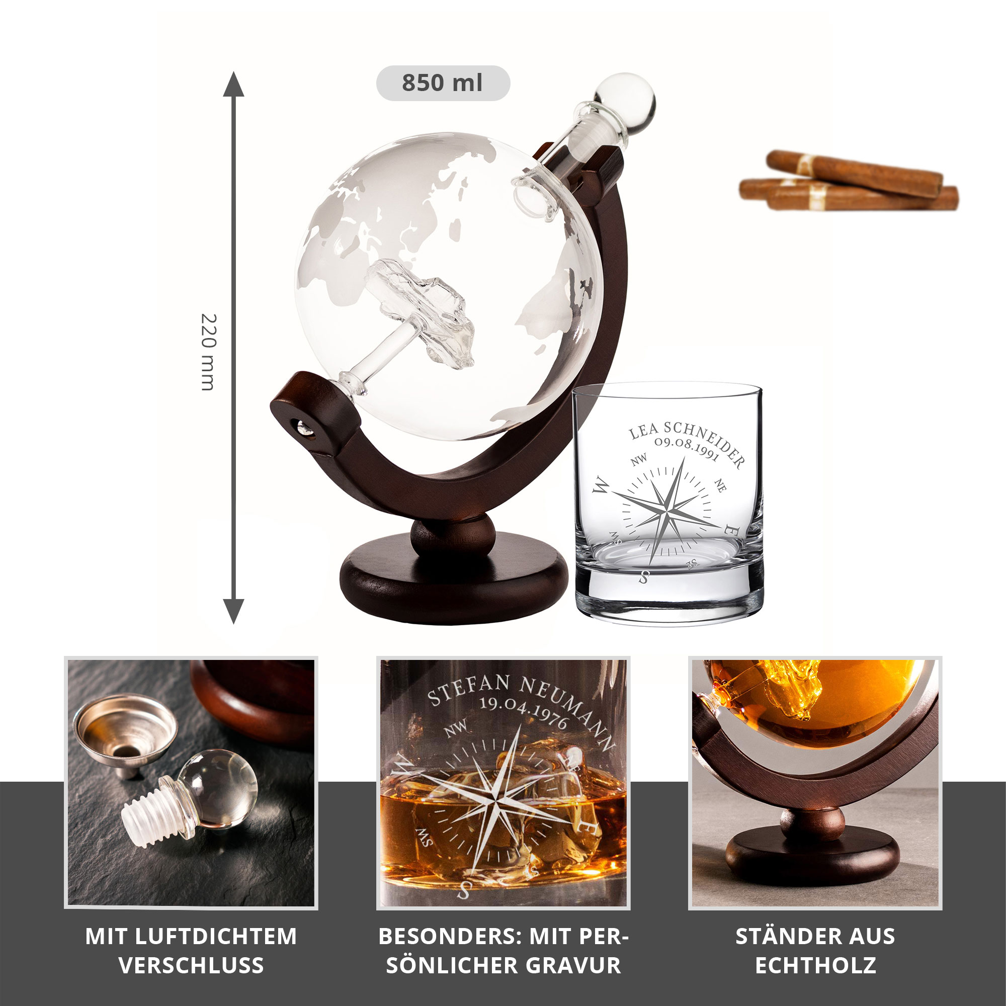 Whiskyset Globus Karaffe Auto und Whiskyglas mit Gravur - Kompass