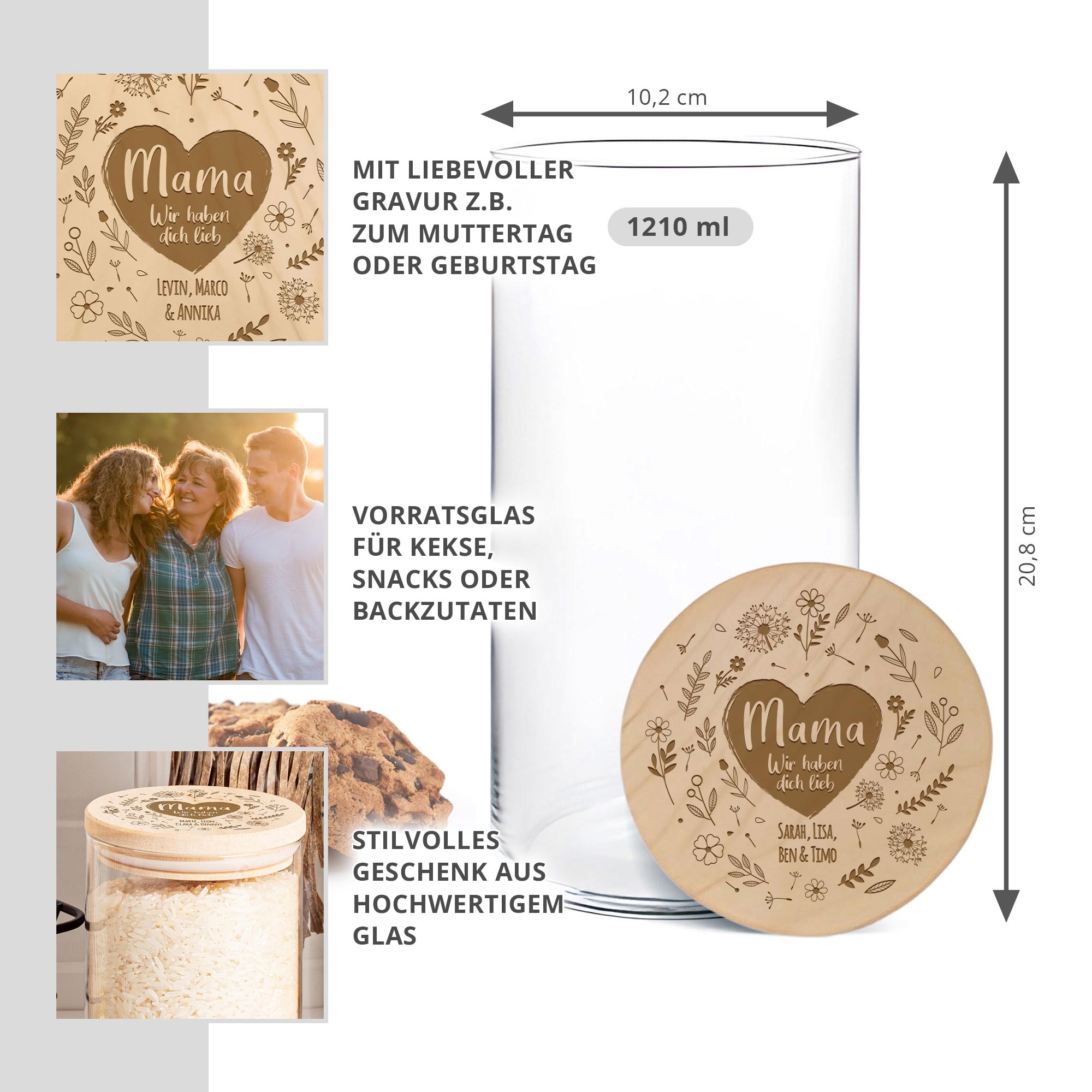 Vorratsglas mit Gravur - Blumenherz für Mama Vorratsglas mit Gravur - Blumenherz für Mama