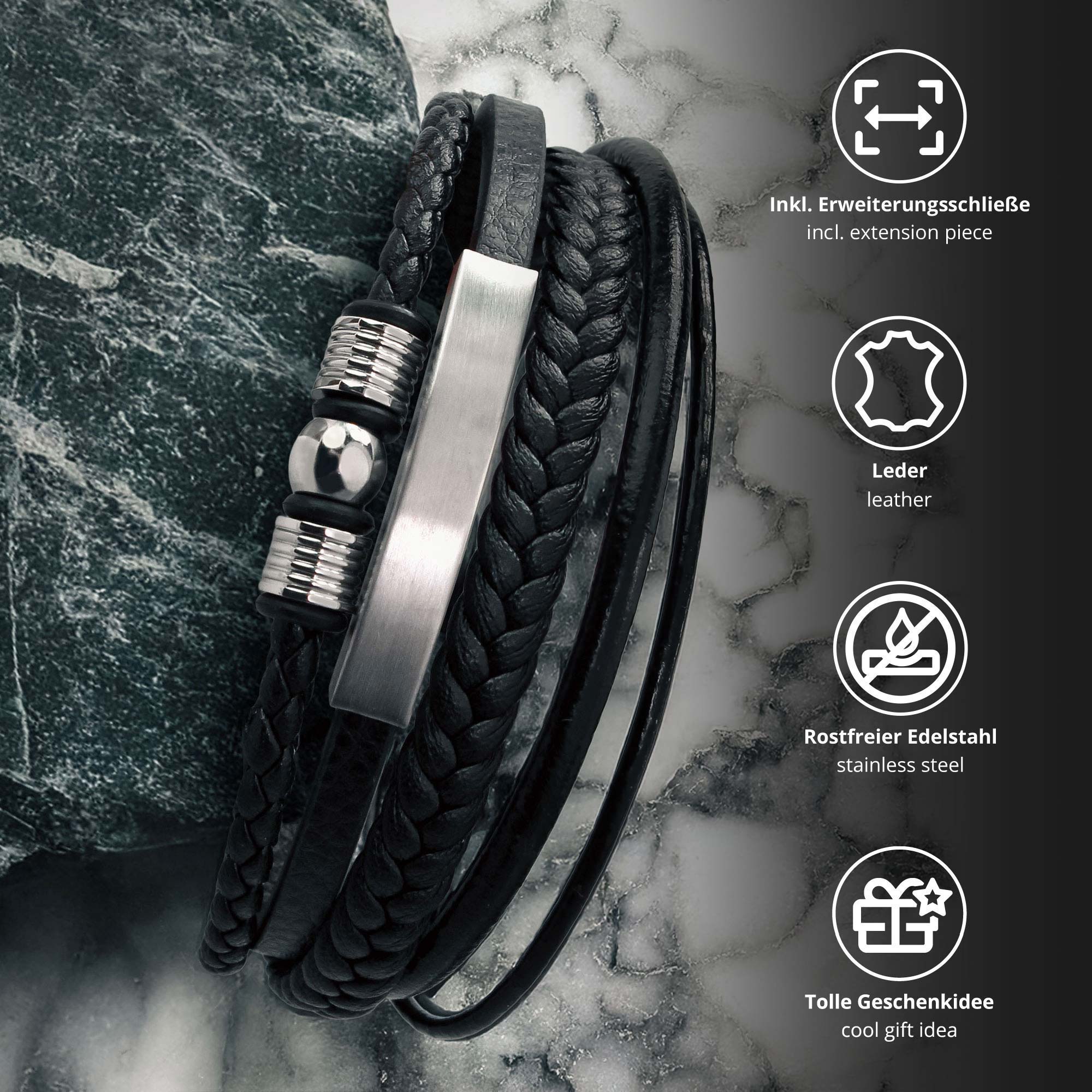 Geflochtenes Lederarmband mit Beads Silber - Herren Armband