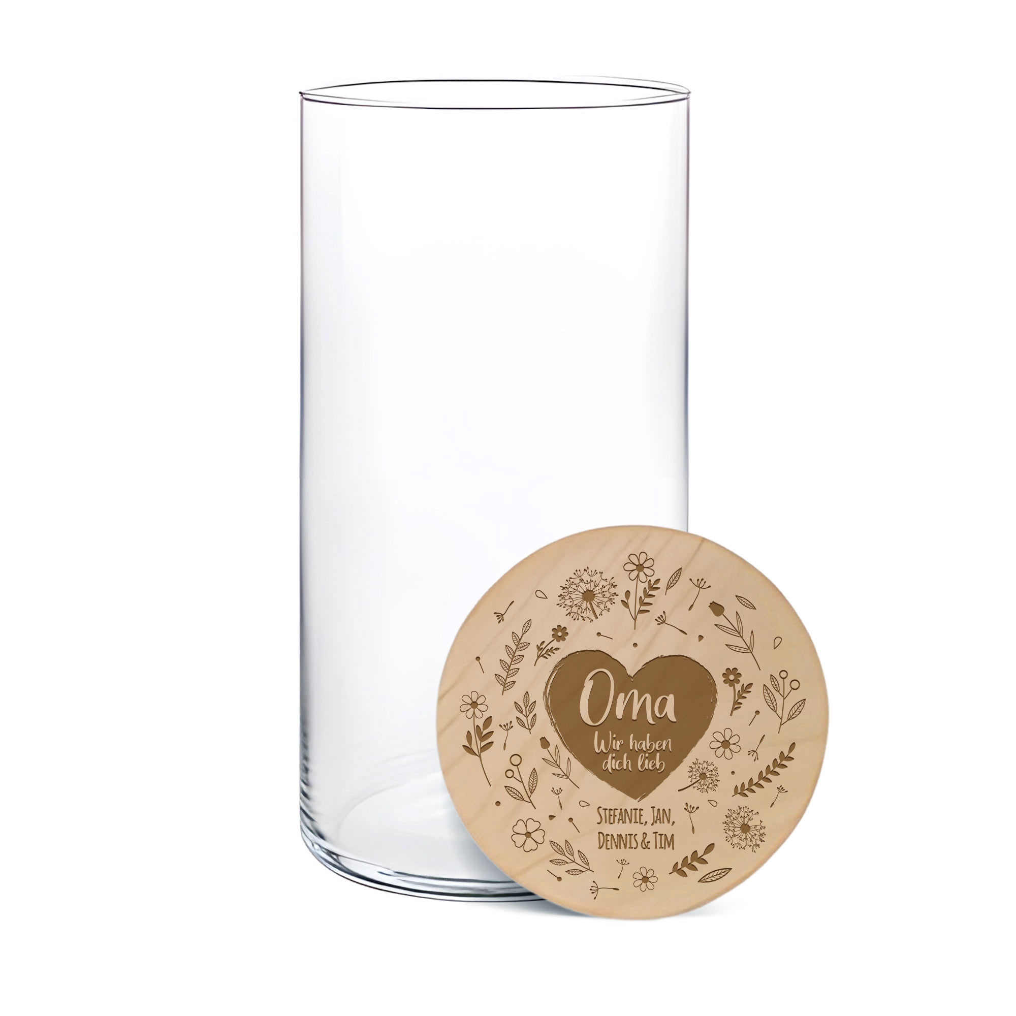 Vorratsglas mit Gravur - Blumenherz für Oma Vorratsglas mit Gravur - Blumenherz für Oma