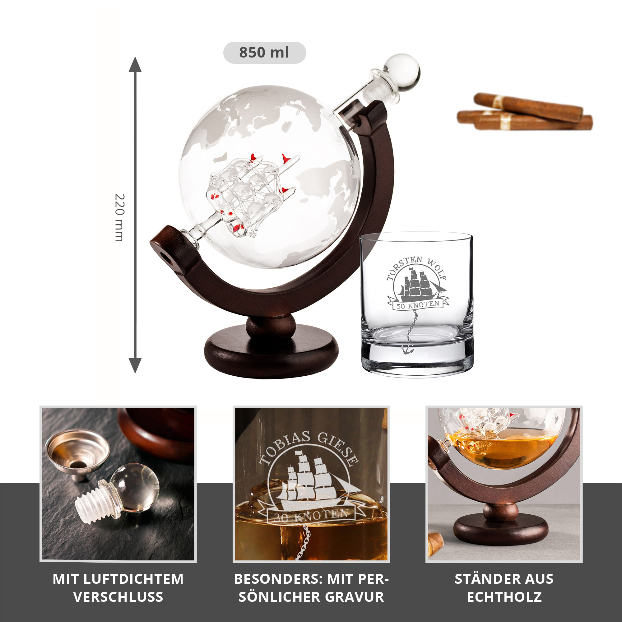 Rum Set mit Globus Karaffe und Glas - Segelschiff 3360 - 1