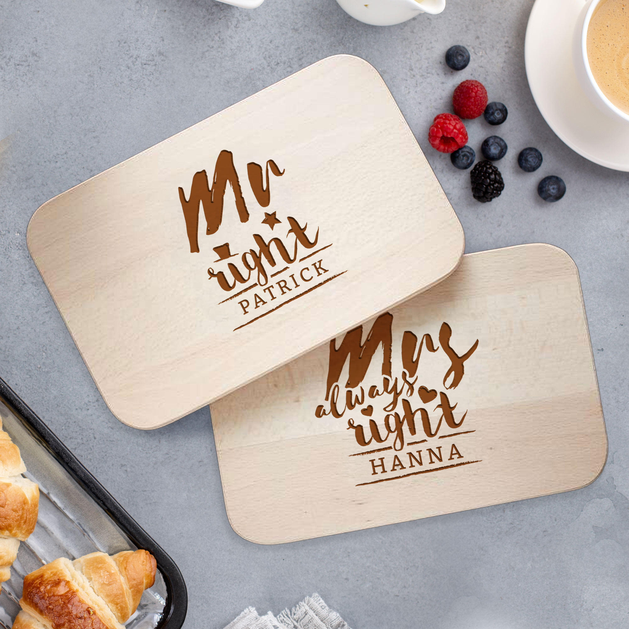 Frühstücksbrettchen Set mit Gravur - Mr and Mrs Right
