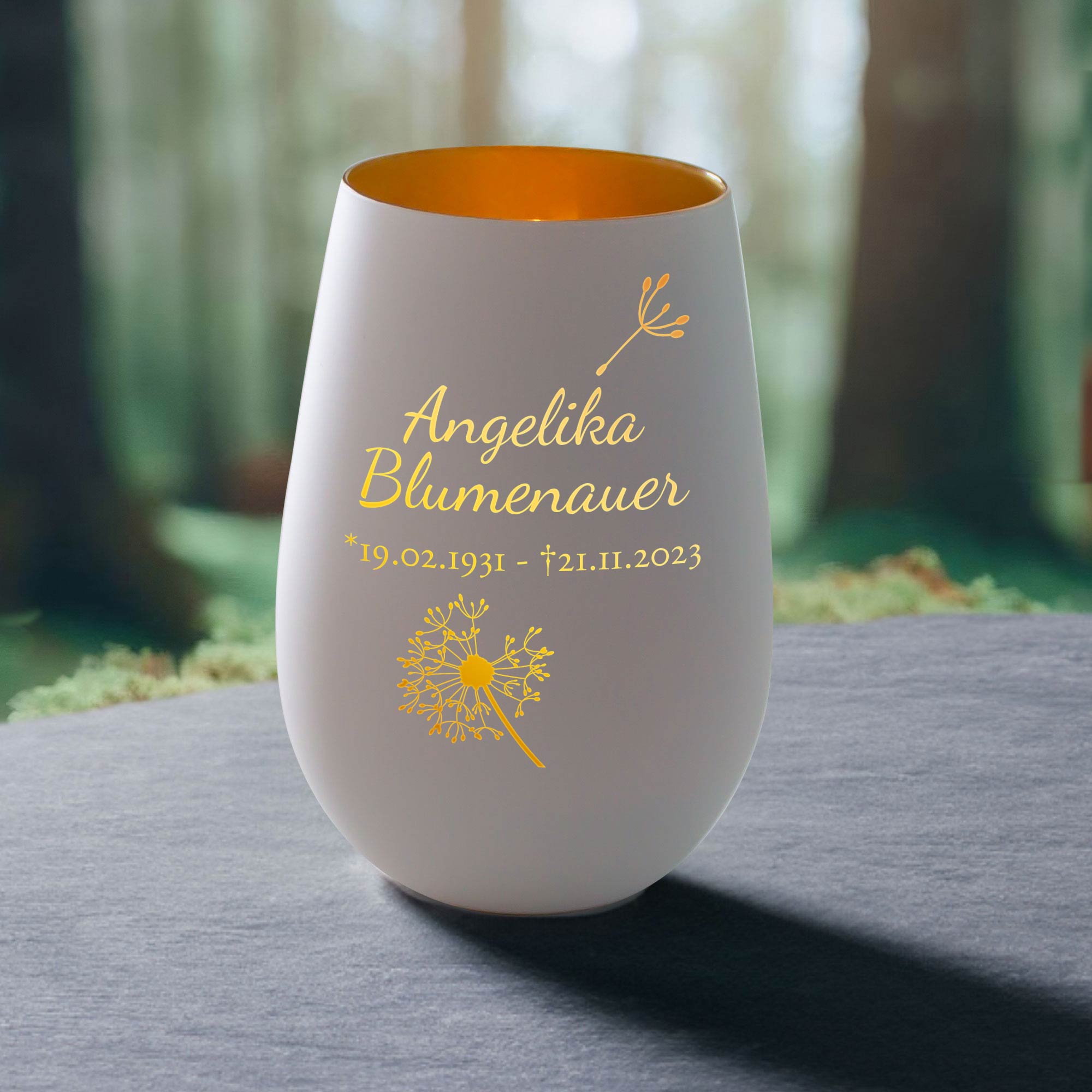 Weißes Windlicht mit Gravur - Trauerblume