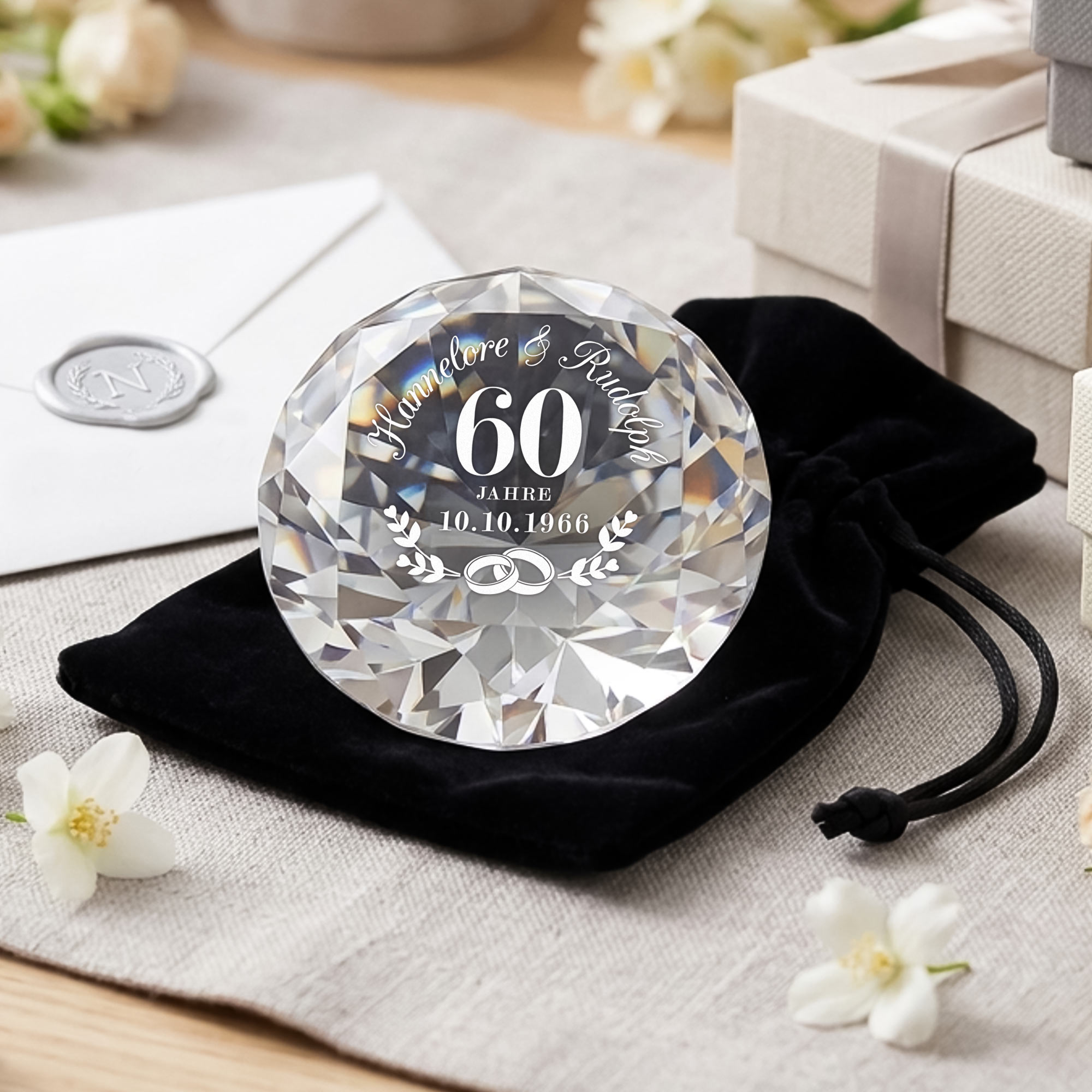 Diamant Kristall mit Gravur und Samtsäckchen - Diamanthochzeit