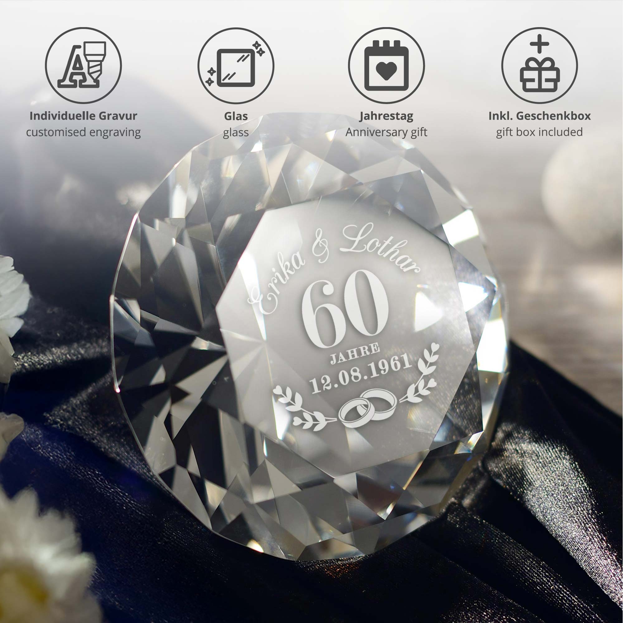 Diamant Kristall mit Gravur zur Diamant Hochzeit und Ring Displayständer