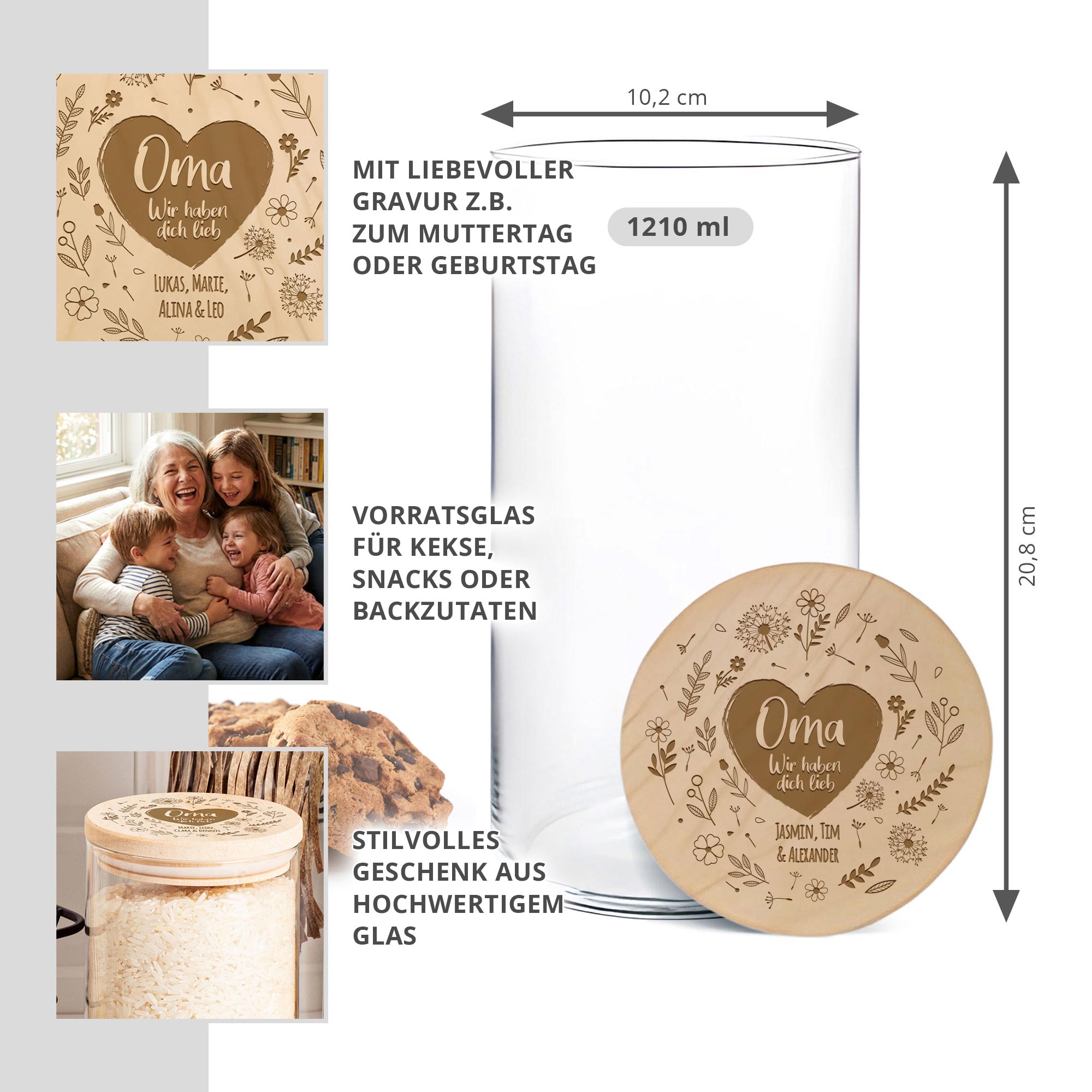 Vorratsglas mit Gravur - Blumenherz für Oma Vorratsglas mit Gravur - Blumenherz für Oma