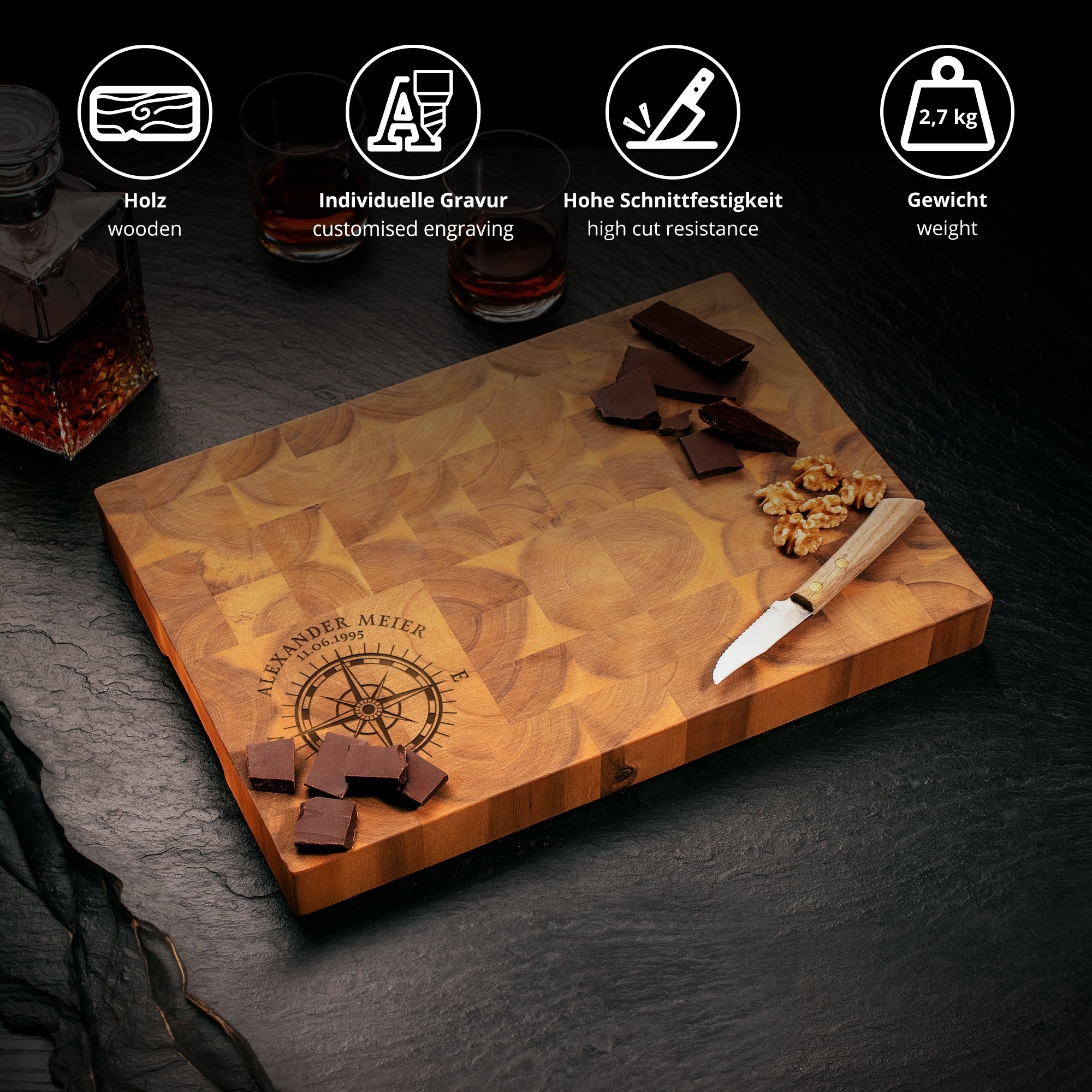 Premium Stirnholz Schneideblock Akazie mit Kompass Gravur