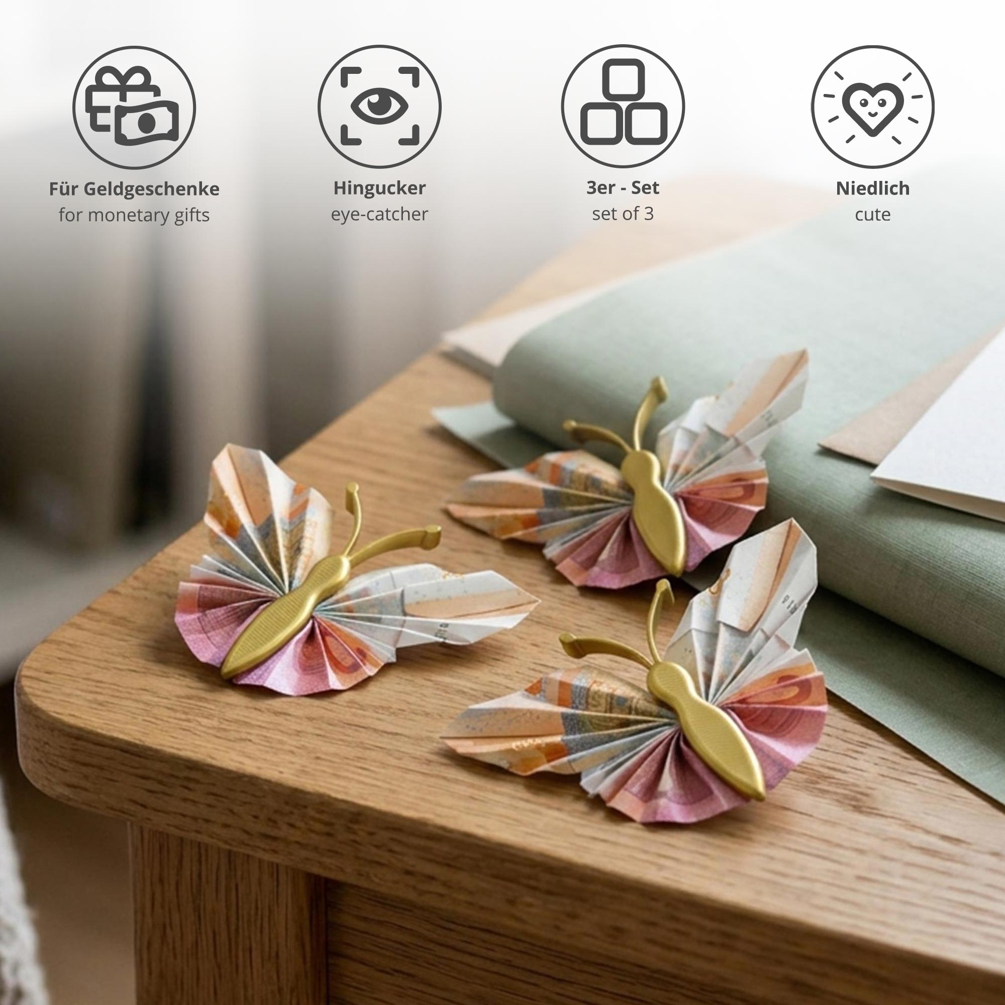 Geldgeschenk Schmetterling Gold - 3er Set Geschenkverpackung für Geld Geldgeschenk Schmetterling Gold - 3er Set Geschenkverpackung für Geld