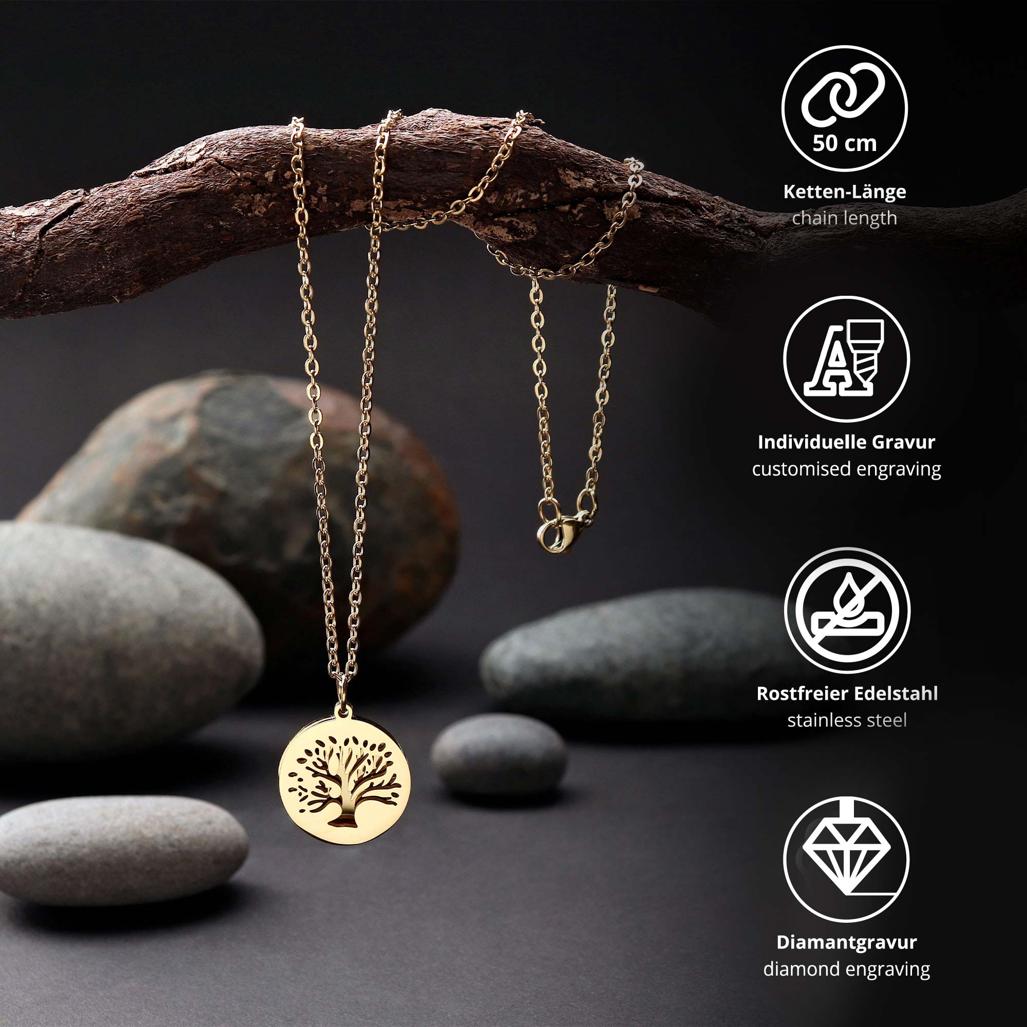 Personalisierte Kette Gold mit 2 Anhängern - Lebensbaum