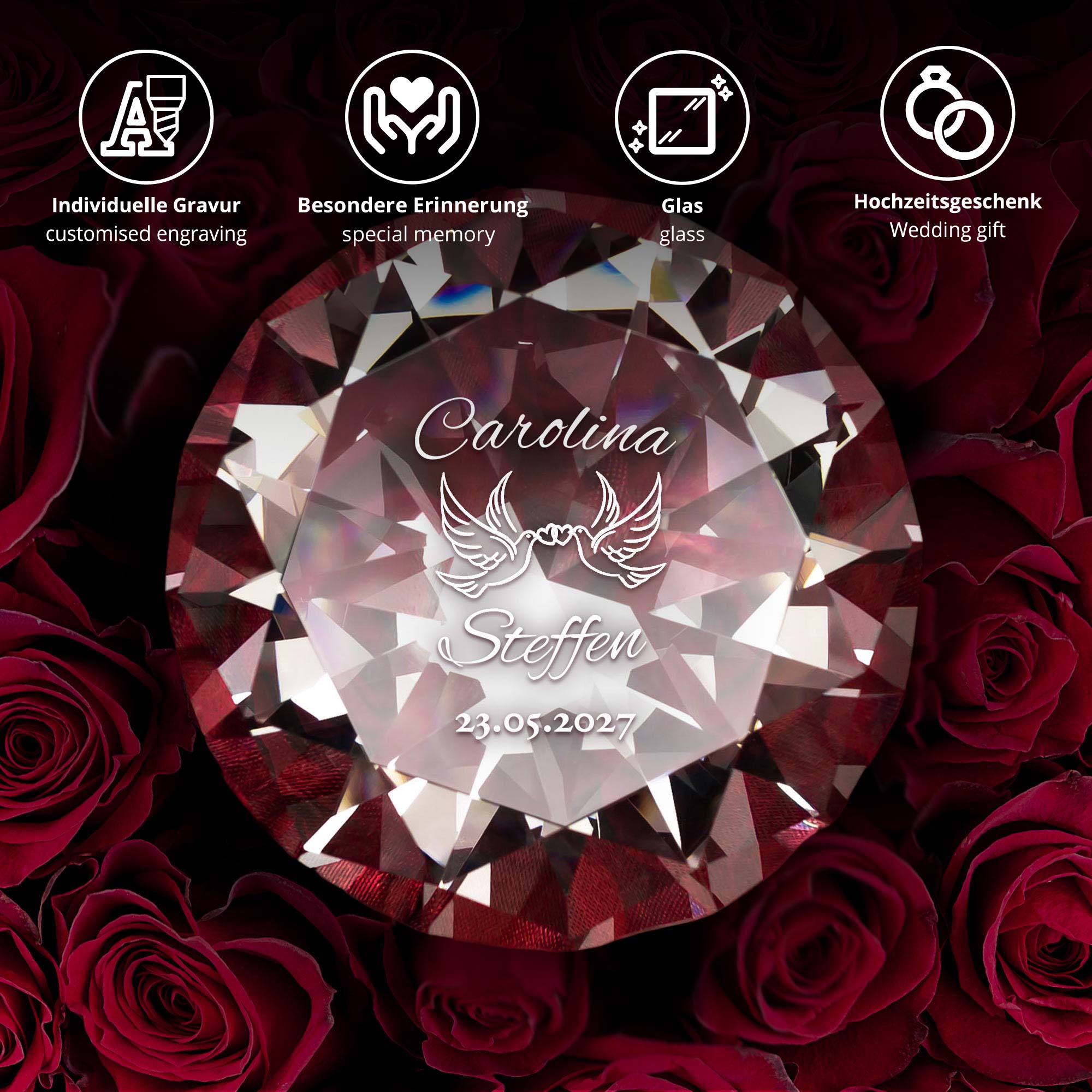 Diamant Kristall mit Liebestauben Gravur und Ring Displayständer Silber Diamant Kristall mit Liebestauben Gravur und Ring Displayständer Silber
