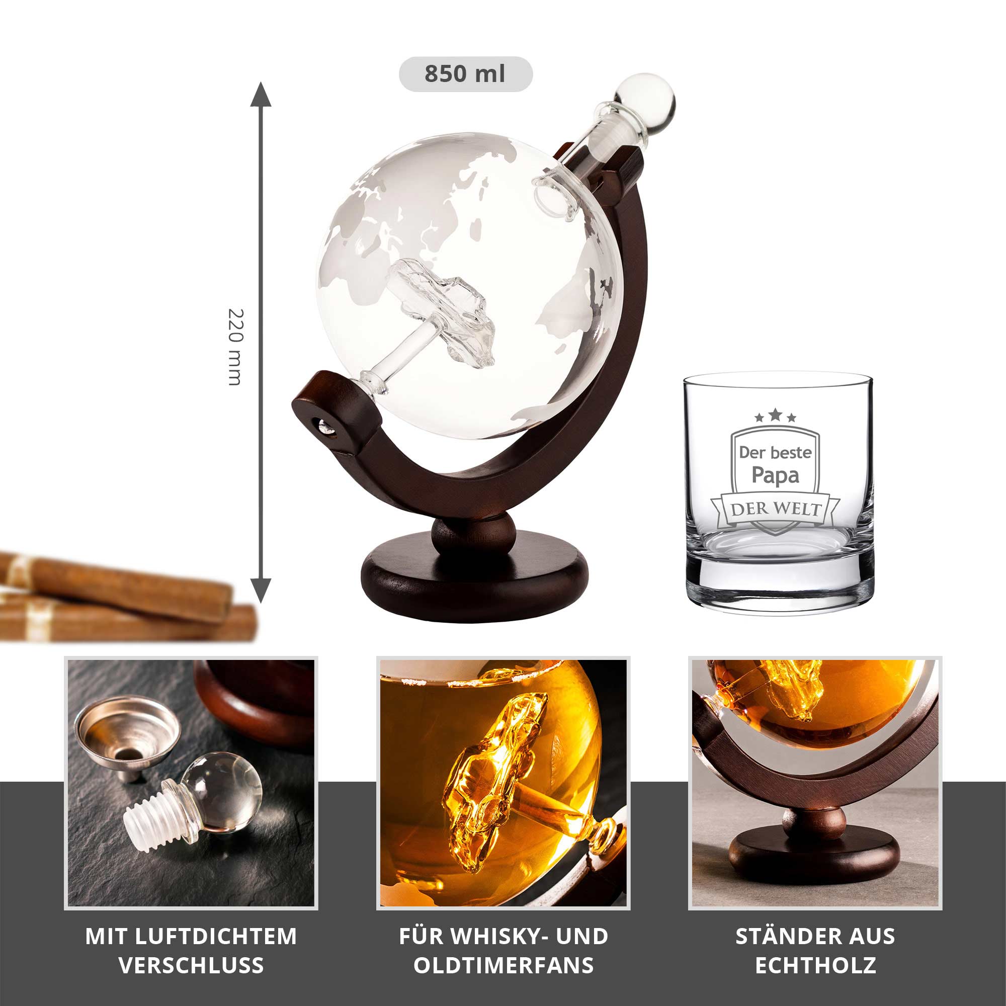 Whisky Set - Whisky Karaffe Globus mit Auto und Whiskyglas - Bester Papa