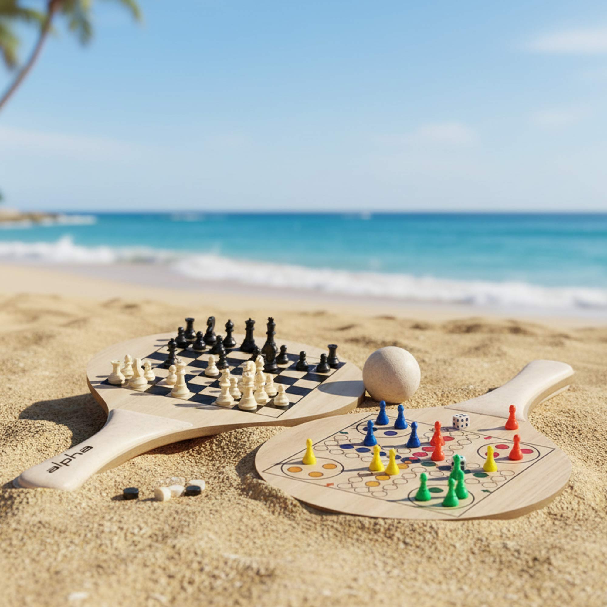 Kompaktes Beachball Set mit 2 Spielen und Baumwollbeutel