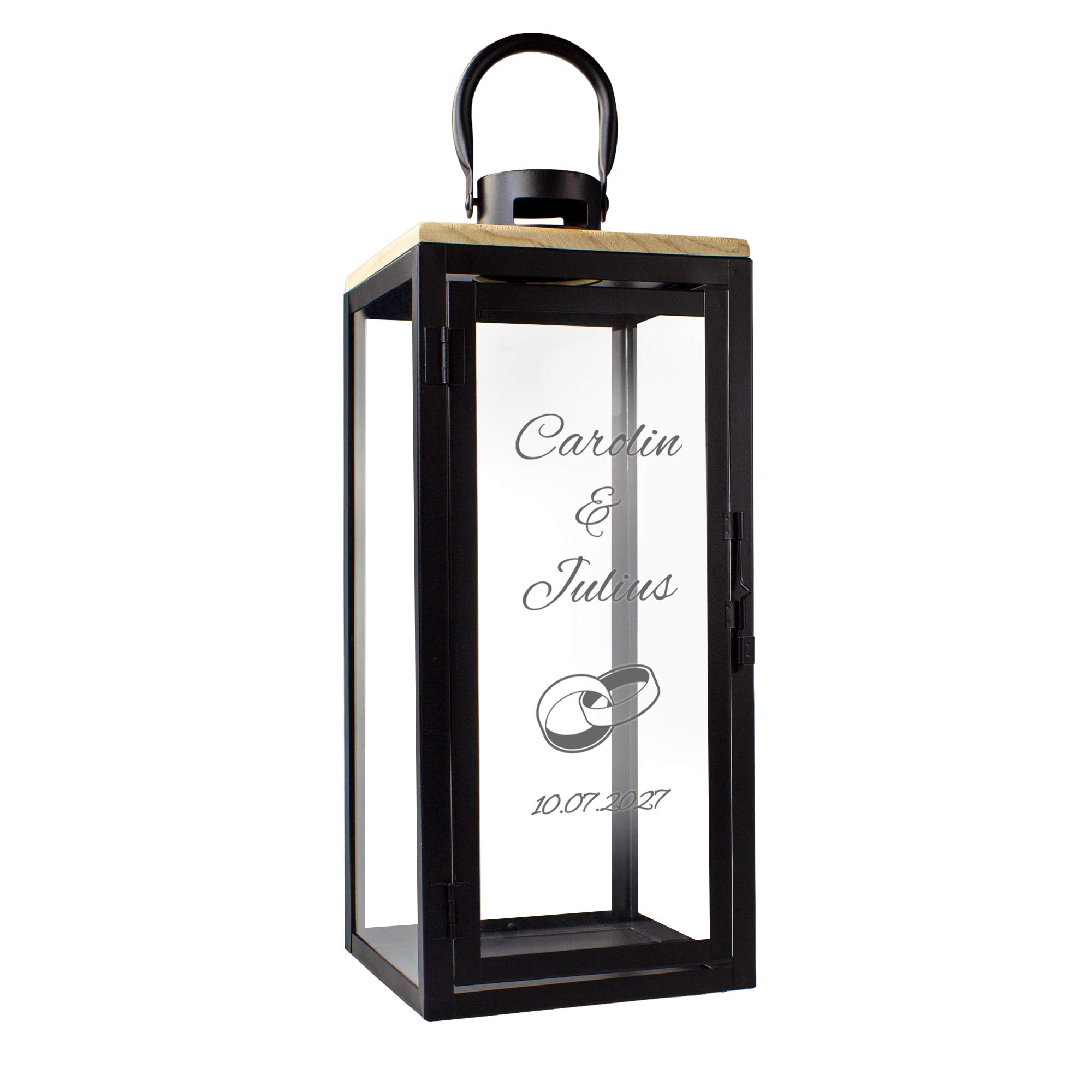 Personalisierte Holzlaterne zur Hochzeit Schwarz - Ringe