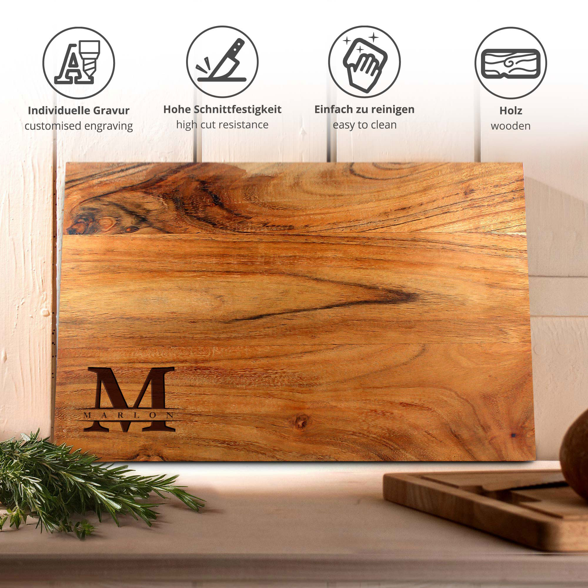 Schneideblock mit Griffmulden - Initiale Gravur Schneideblock mit Griffmulden - Initiale Gravur