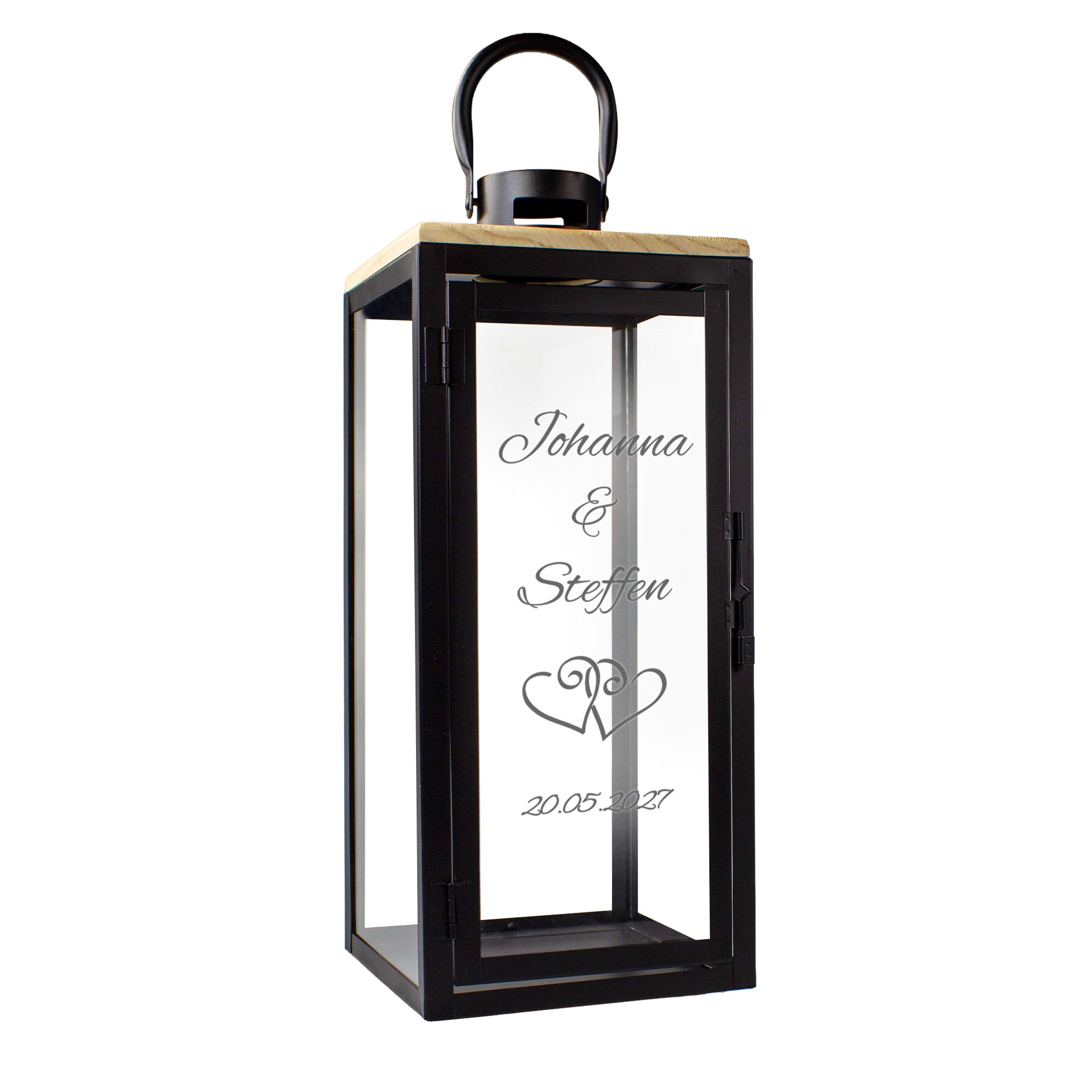 Personalisierte Holzlaterne zur Hochzeit Schwarz - Herzen Personalisierte Holzlaterne zur Hochzeit Schwarz - Herzen