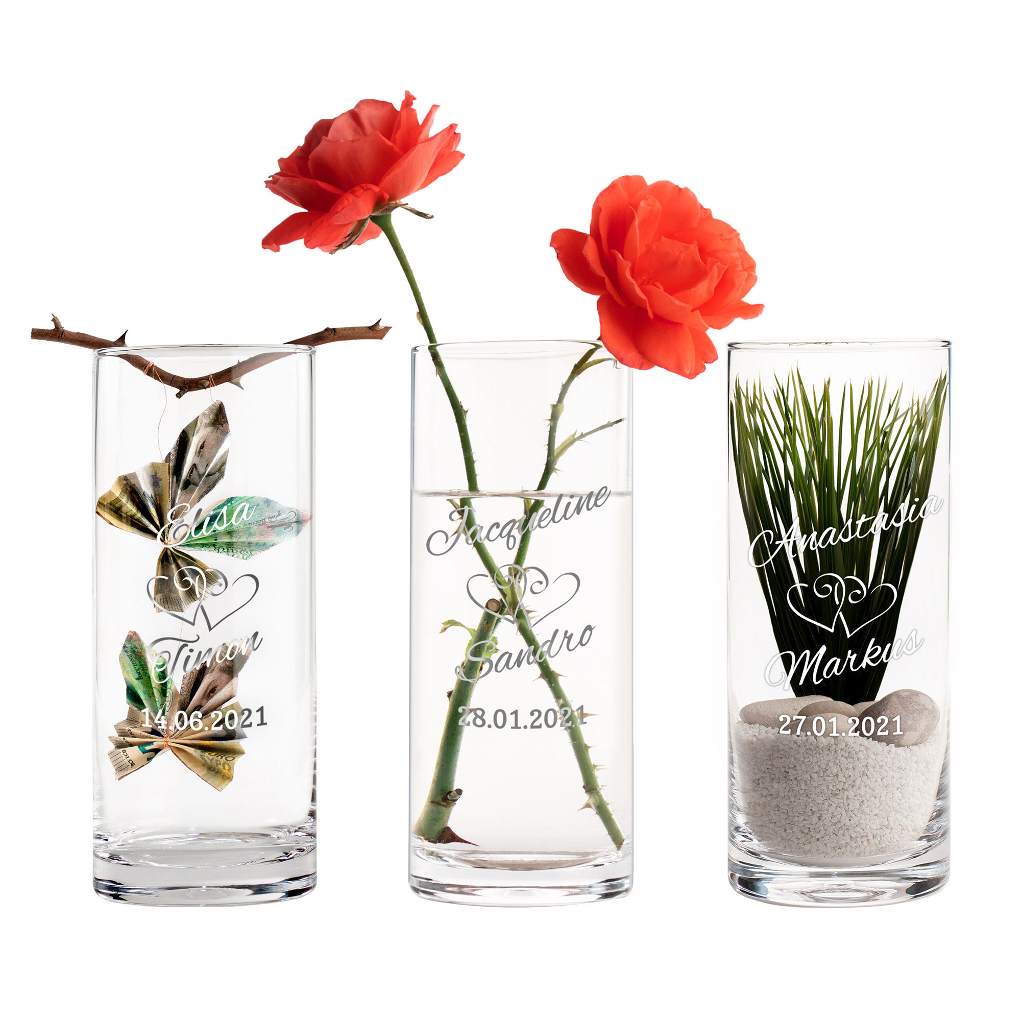 Runde Vase zur Hochzeit - Herzen Gravur