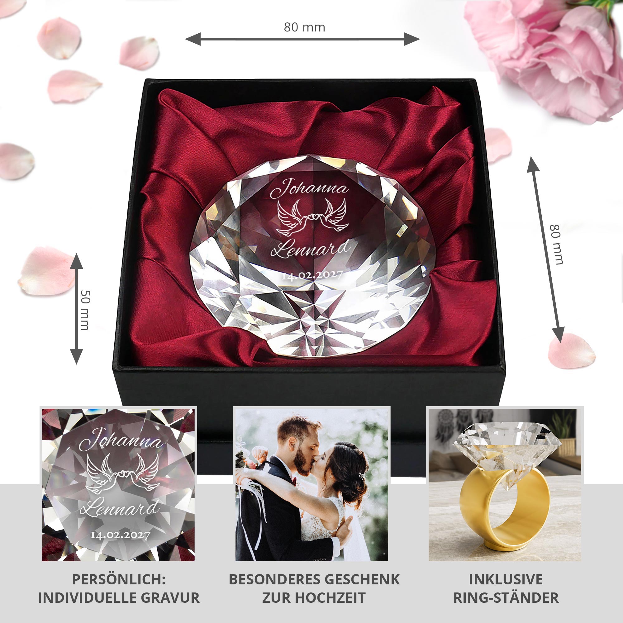 Diamant Kristall mit Liebestauben Gravur und Ring Displayständer