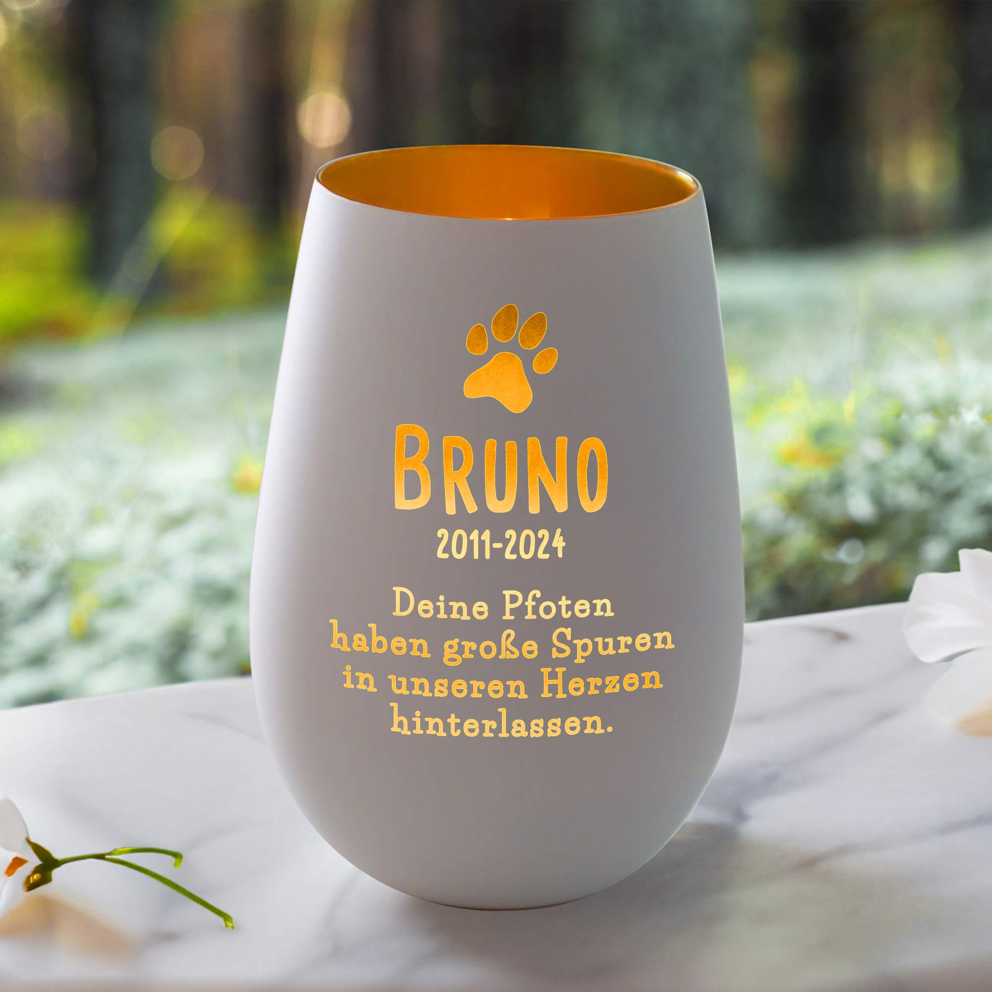 Weißes Windlicht zur Trauer - Hund